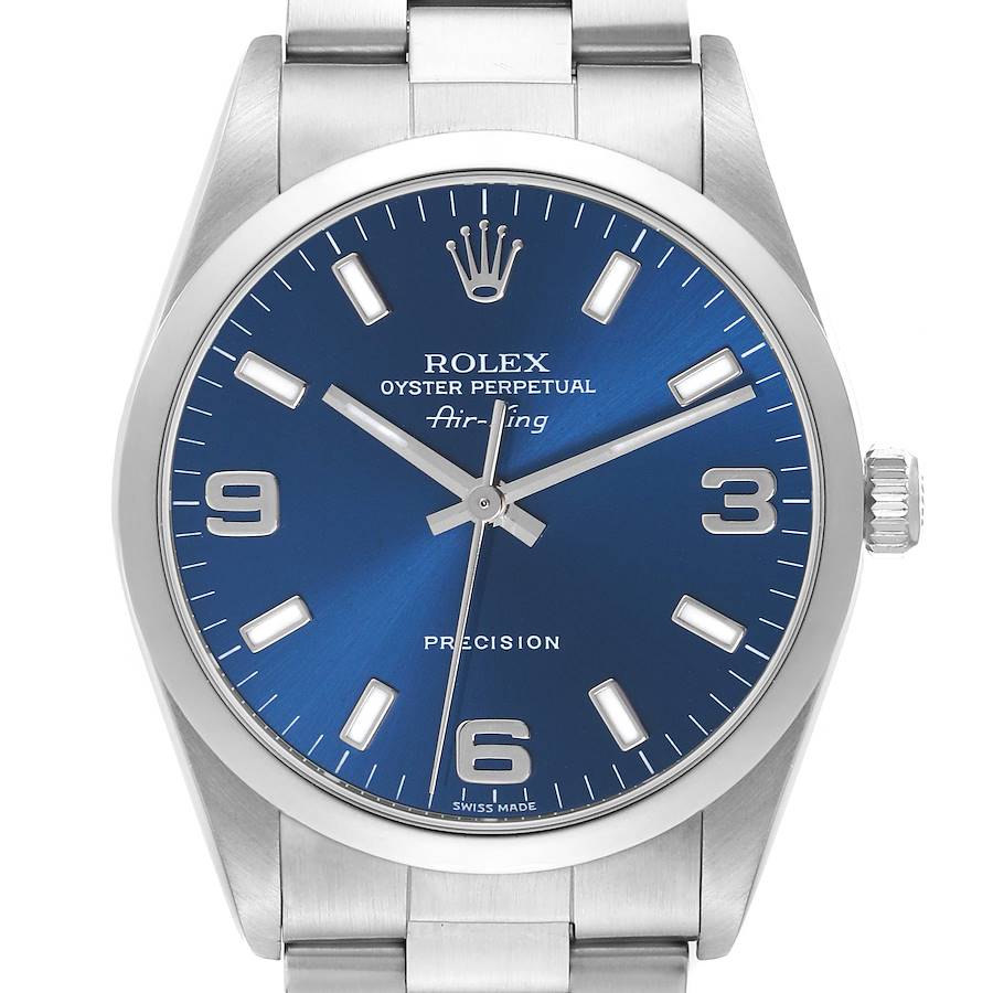 The Rolex Air-King watch is shown from a front angle, highlighting its blue dial, hour markers, and part of its bracelet.