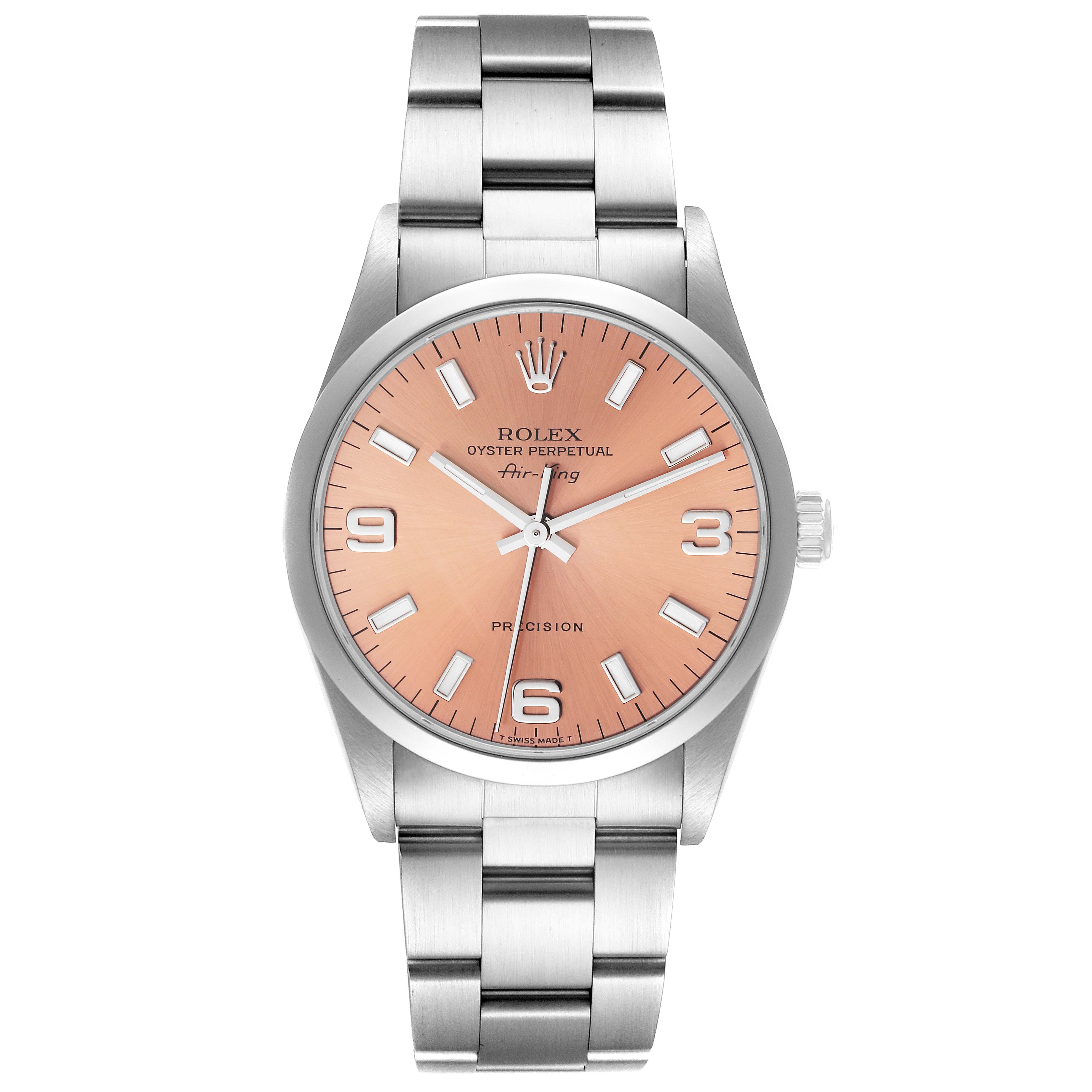 This image shows a frontal view of the Rolex Air-King 14000 Men's Stainless Steel Pink Dial 14000 Men's Stainless Steel Pink Dial watch, displaying its face and stainless steel bracelet.