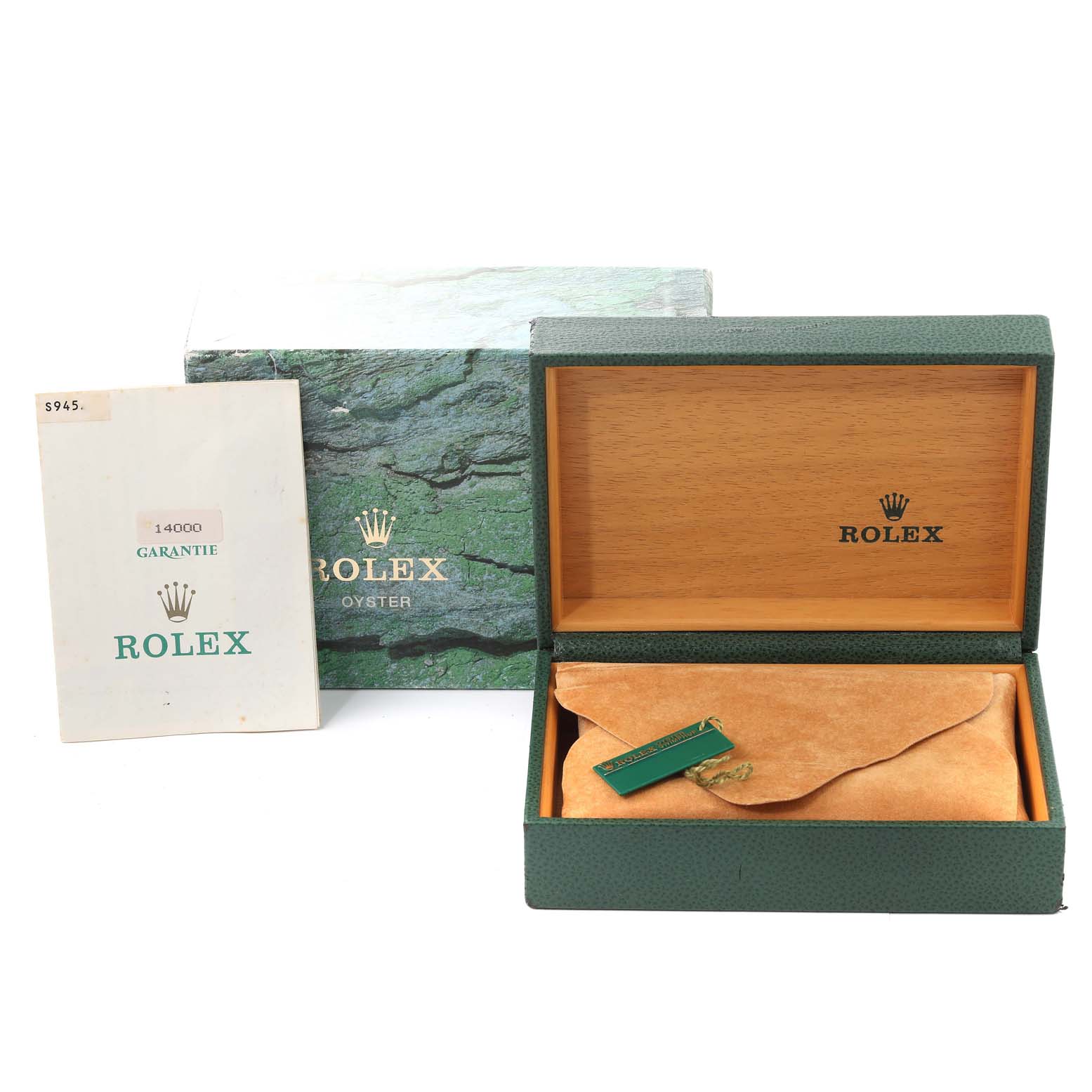 The image shows the accessories of the Rolex Air-King 14000 Men's Stainless Steel Pink Dial 14000 Men's Stainless Steel Pink Dial model including its box, pouch, and guarantee booklet.