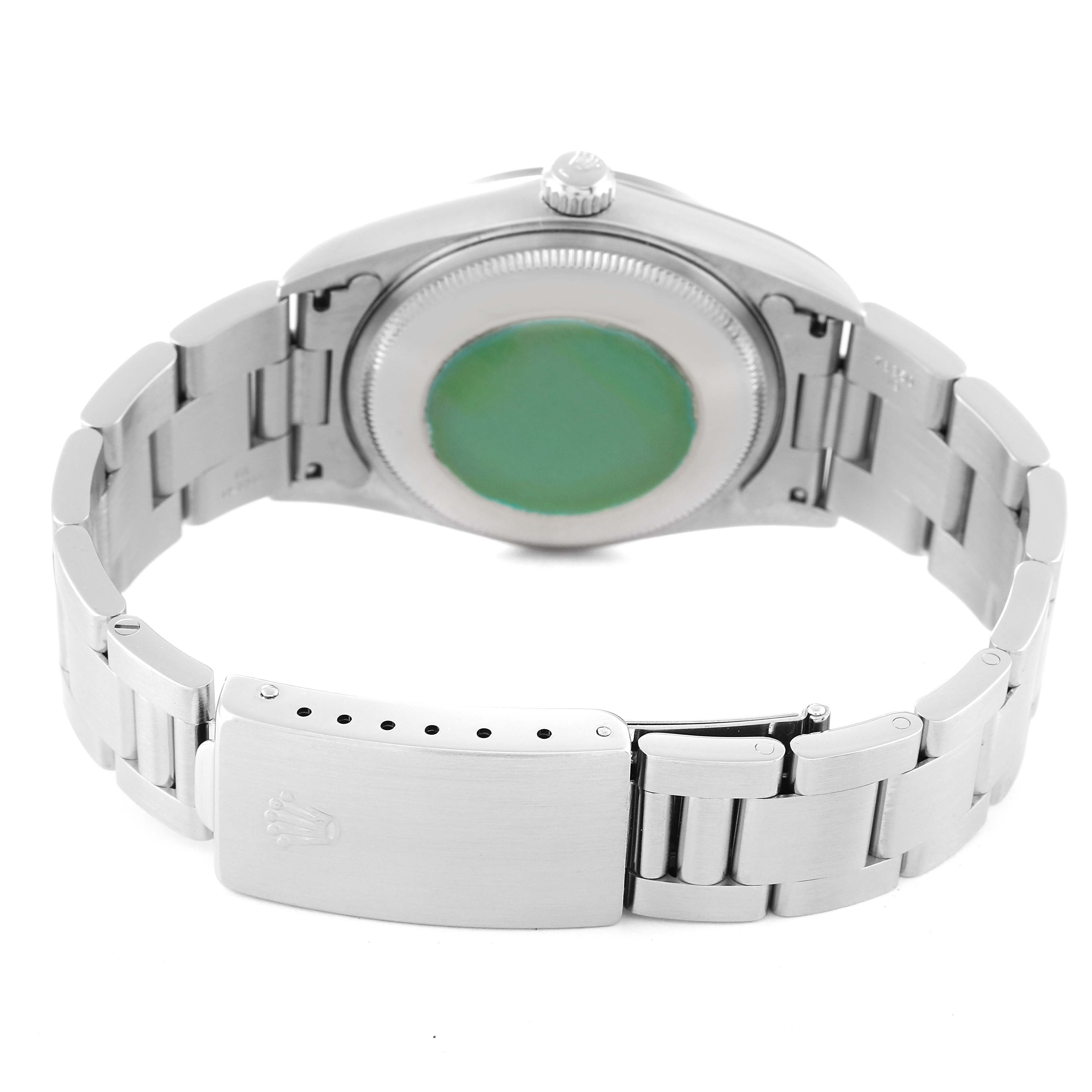 This image shows the back and bracelet of a Rolex Air-King 14000 Men's Stainless Steel Pink Dial 14000 Men's Stainless Steel Pink Dial watch from a rear angle.