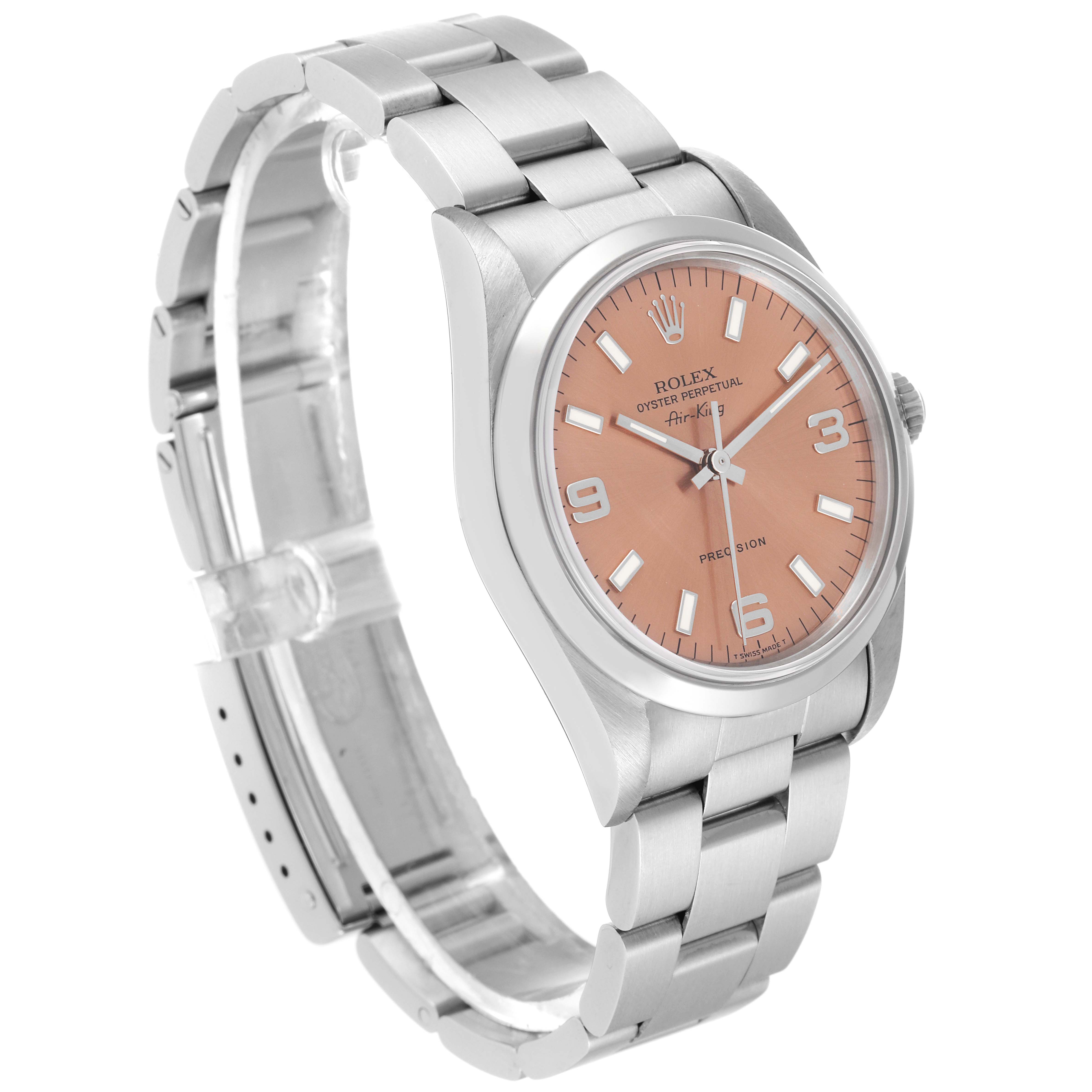 The image shows a Rolex Air-King 14000 Men's Stainless Steel Pink Dial 14000 Men's Stainless Steel Pink Dial watch from an angled side view, highlighting the dial, bezel, and bracelet.