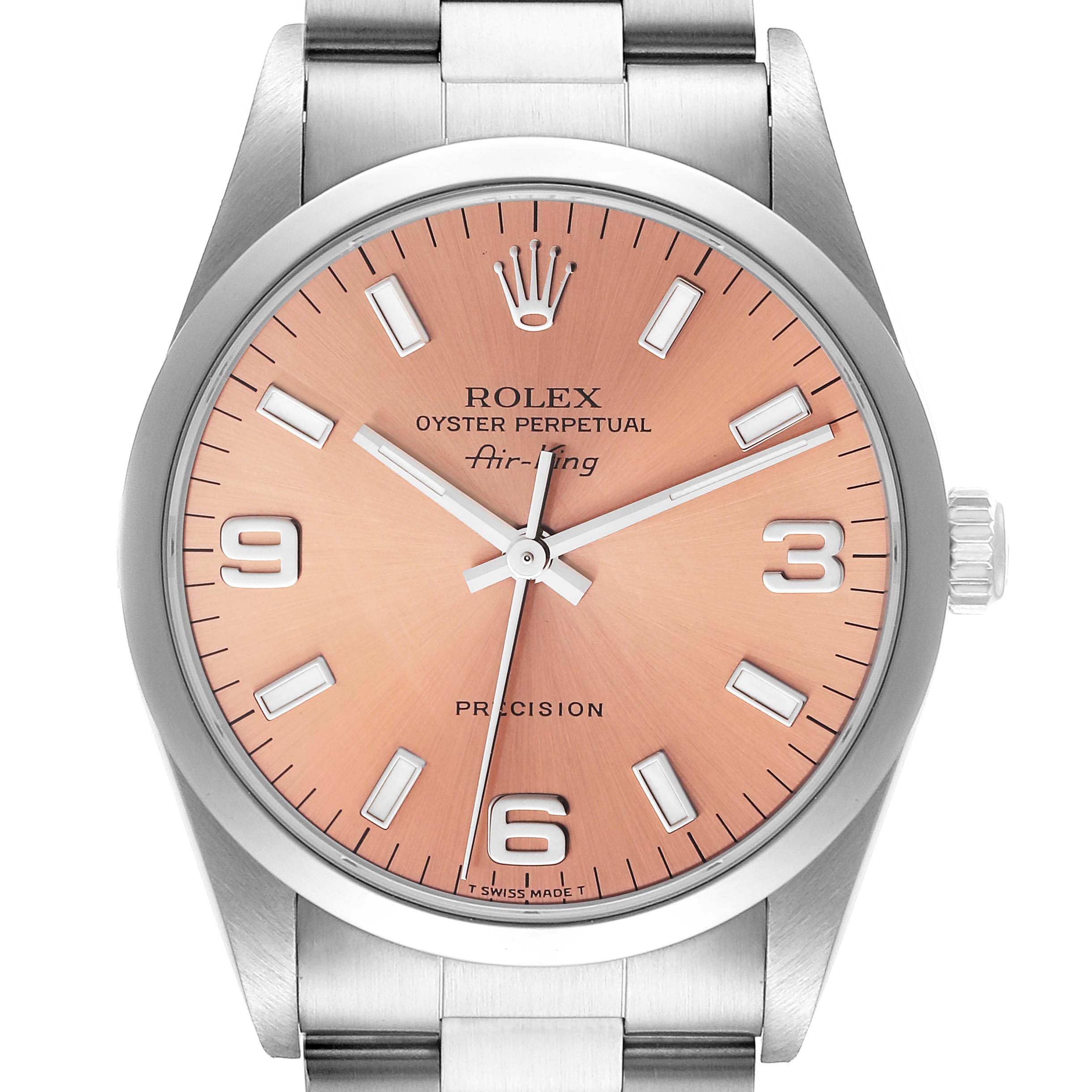 The image shows a head-on view of a Rolex Air-King 14000 Men's Stainless Steel Pink Dial 14000 Men's Stainless Steel Pink Dial watch, displaying the dial, hour markers, hands, and part of the bracelet.