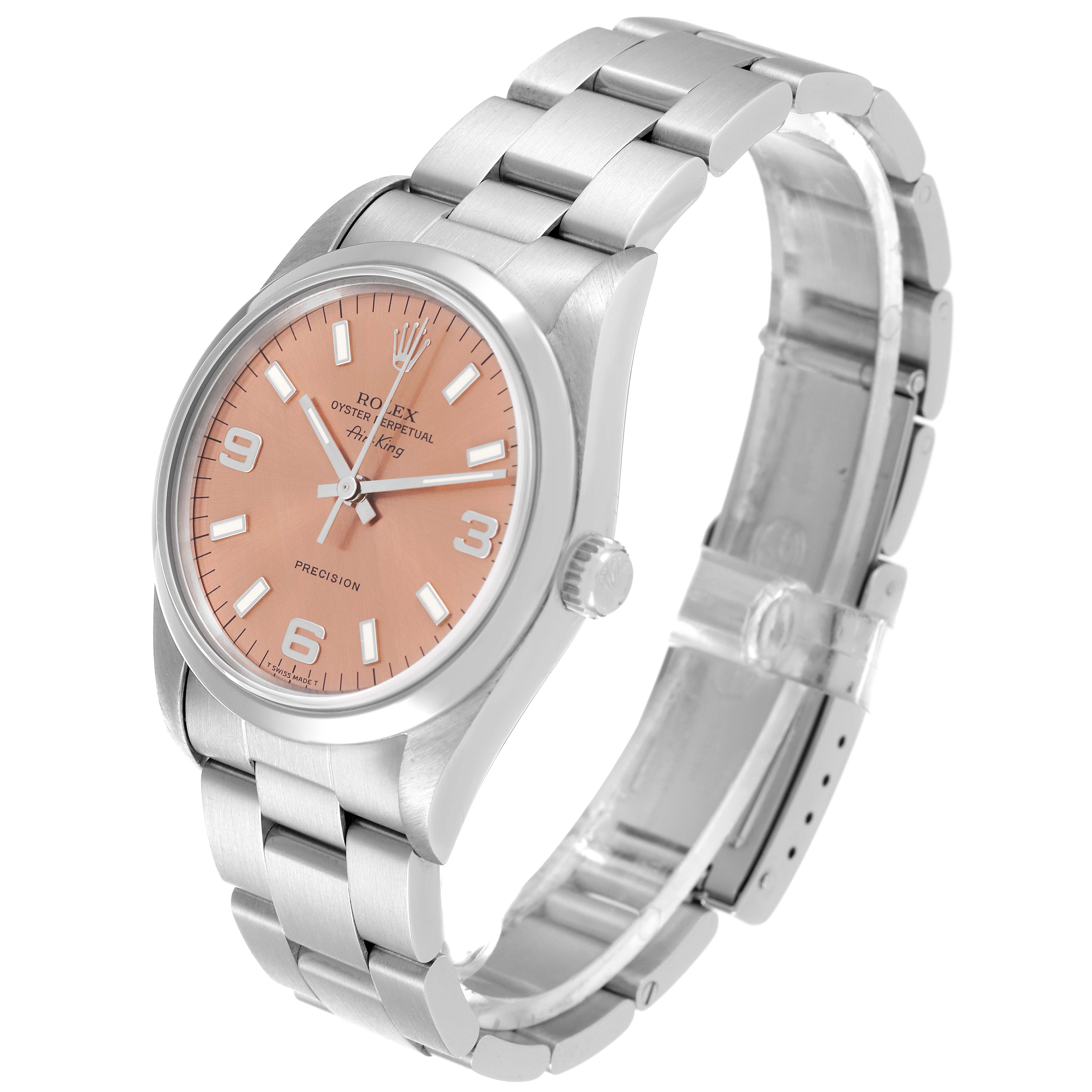 The image shows a side angle of the Rolex Air-King 14000 Men's Stainless Steel Pink Dial 14000 Men's Stainless Steel Pink Dial model, highlighting its dial, crown, and bracelet.