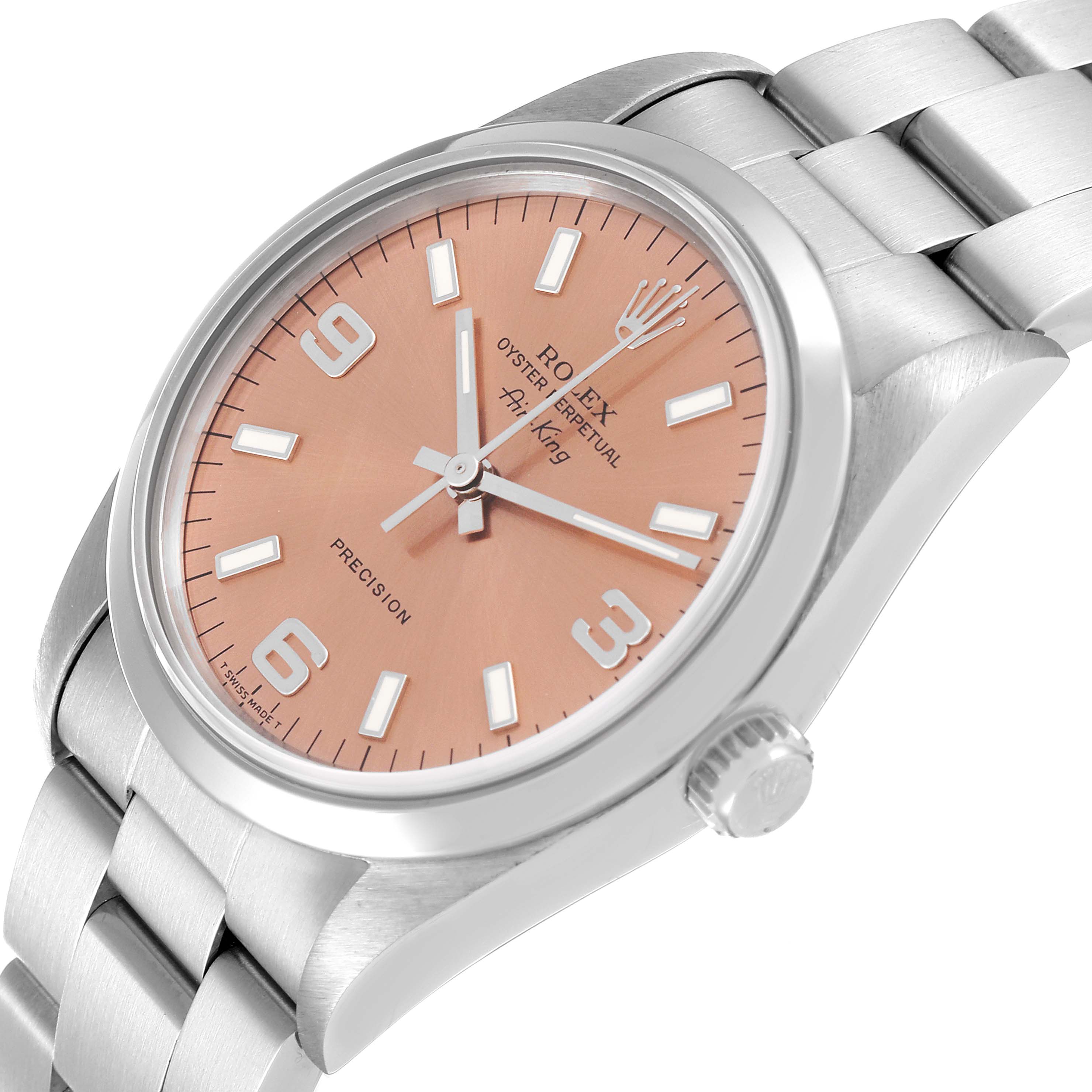 The image shows a close-up angled view of a Rolex Air-King 14000 Men's Stainless Steel Pink Dial 14000 Men's Stainless Steel Pink Dial watch, highlighting its dial, casing, crown, and bracelet.