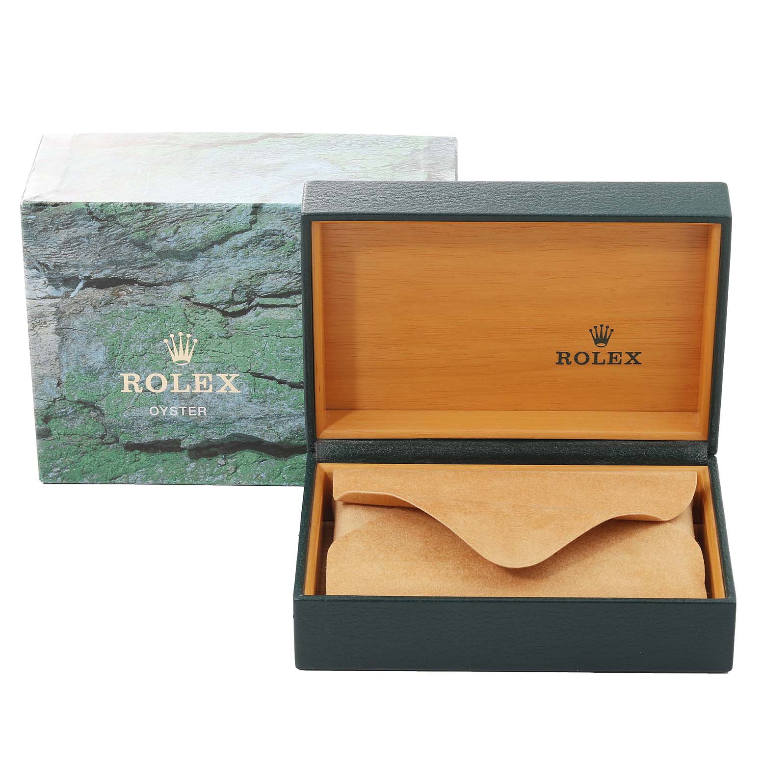 The image shows the packaging and open box for a Rolex Air-King 14000 Men's Stainless Steel Silver Dial 14000 Men's Stainless Steel Silver Dial watch, including the green outer box and the wooden interior box.