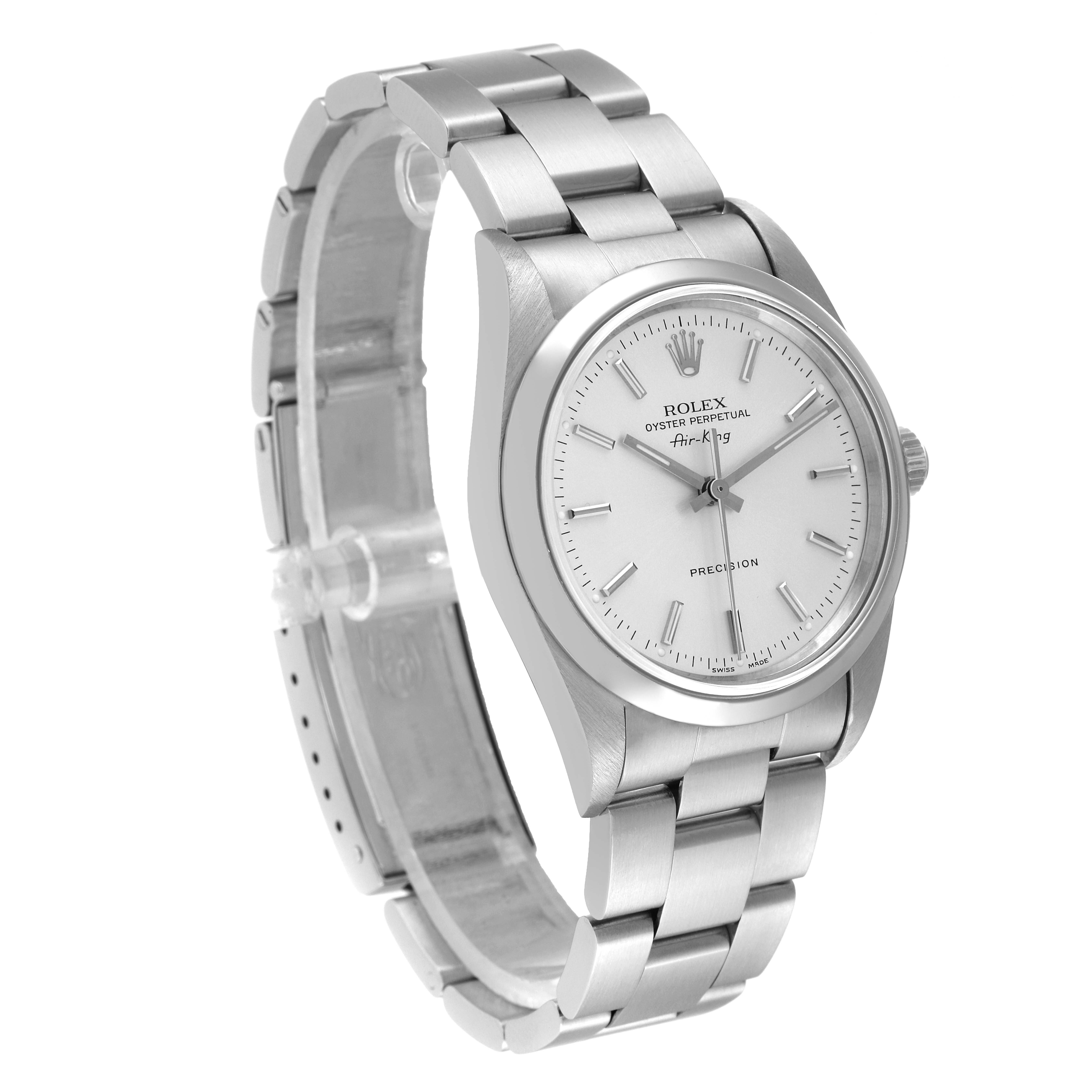 The image shows a Rolex Air-King 14000 Men's Stainless Steel Silver Dial 14000 Men's Stainless Steel Silver Dial watch at a three-quarter angle, highlighting the dial, bezel, and stainless steel bracelet.