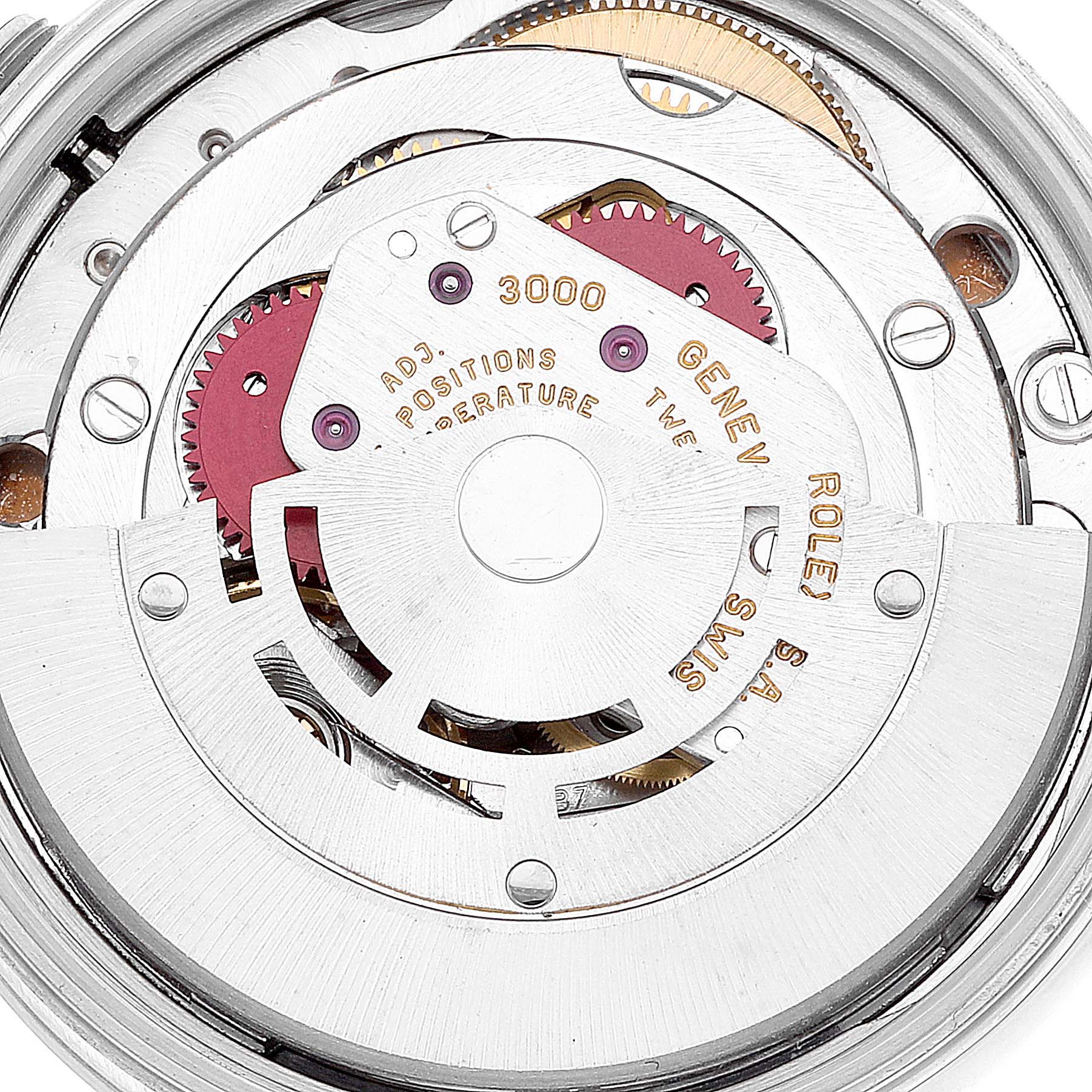This is a close-up view of the internal movement mechanism of a Rolex Air-King 14000 Men's Stainless Steel Silver Dial 14000 Men's Stainless Steel Silver Dial watch.
