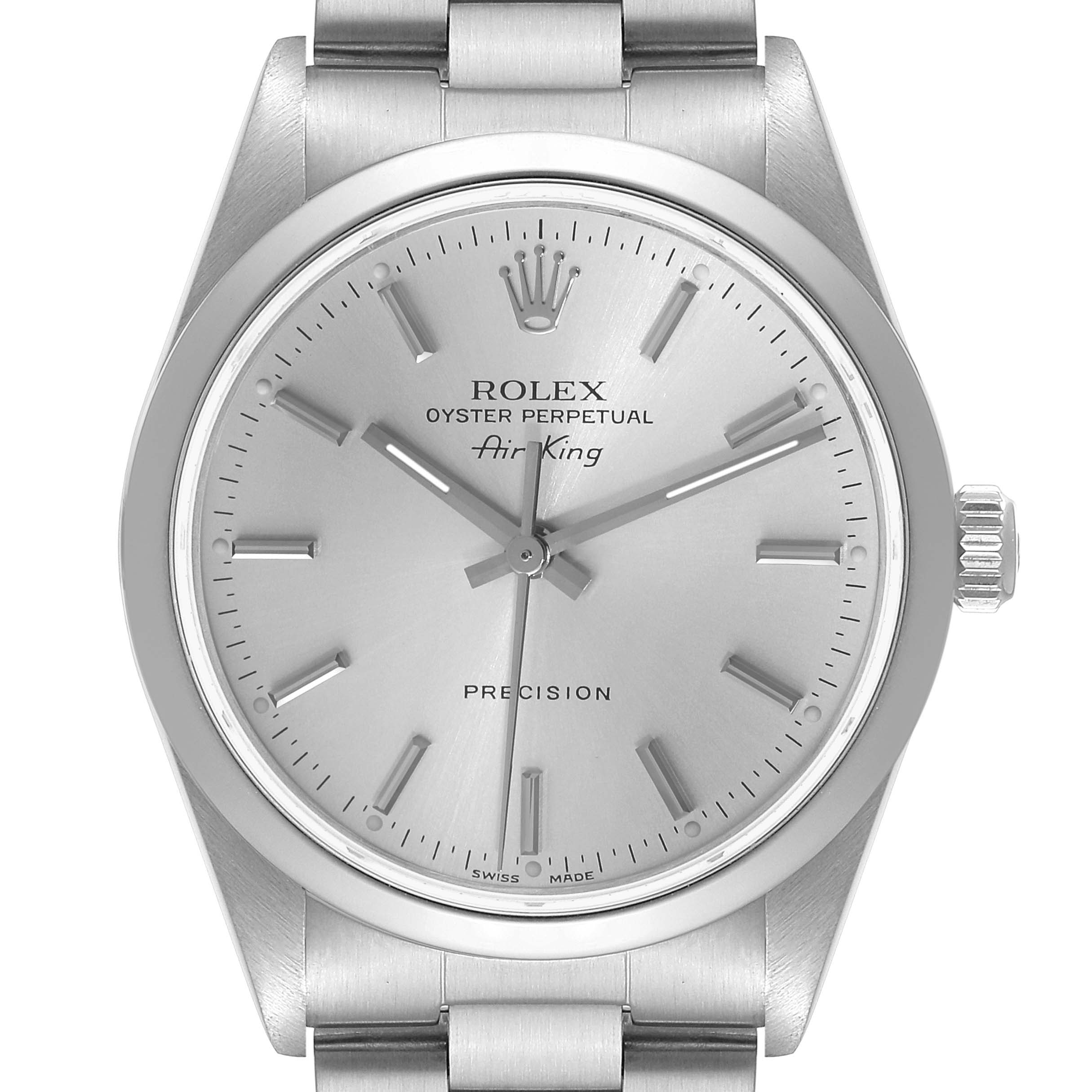 The image shows a front view of a Rolex Air-King 14000 Men's Stainless Steel Silver Dial 14000 Men's Stainless Steel Silver Dial watch, highlighting its face, crown, and part of the stainless steel bracelet.