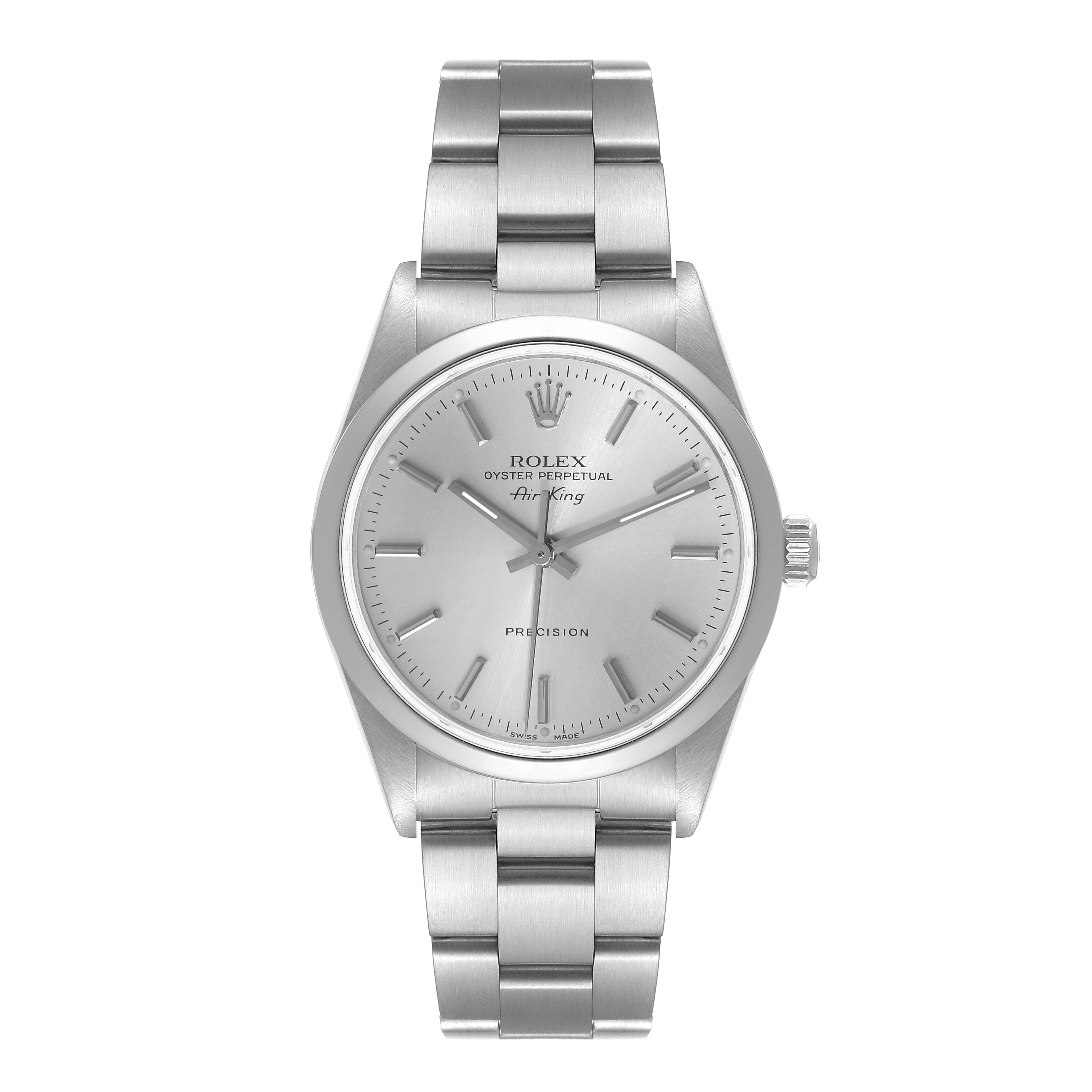 The Rolex Air-King 14000 Men's Stainless Steel Silver Dial 14000 Men's Stainless Steel Silver Dial watch is shown from a top-down angle, displaying the dial, case, and stainless steel bracelet.
