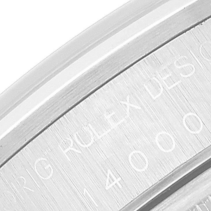 This close-up image shows the engraved case back of the Rolex Air-King 14000 Men's Stainless Steel Silver Dial 14000 Men's Stainless Steel Silver Dial watch, including part of its reference number.