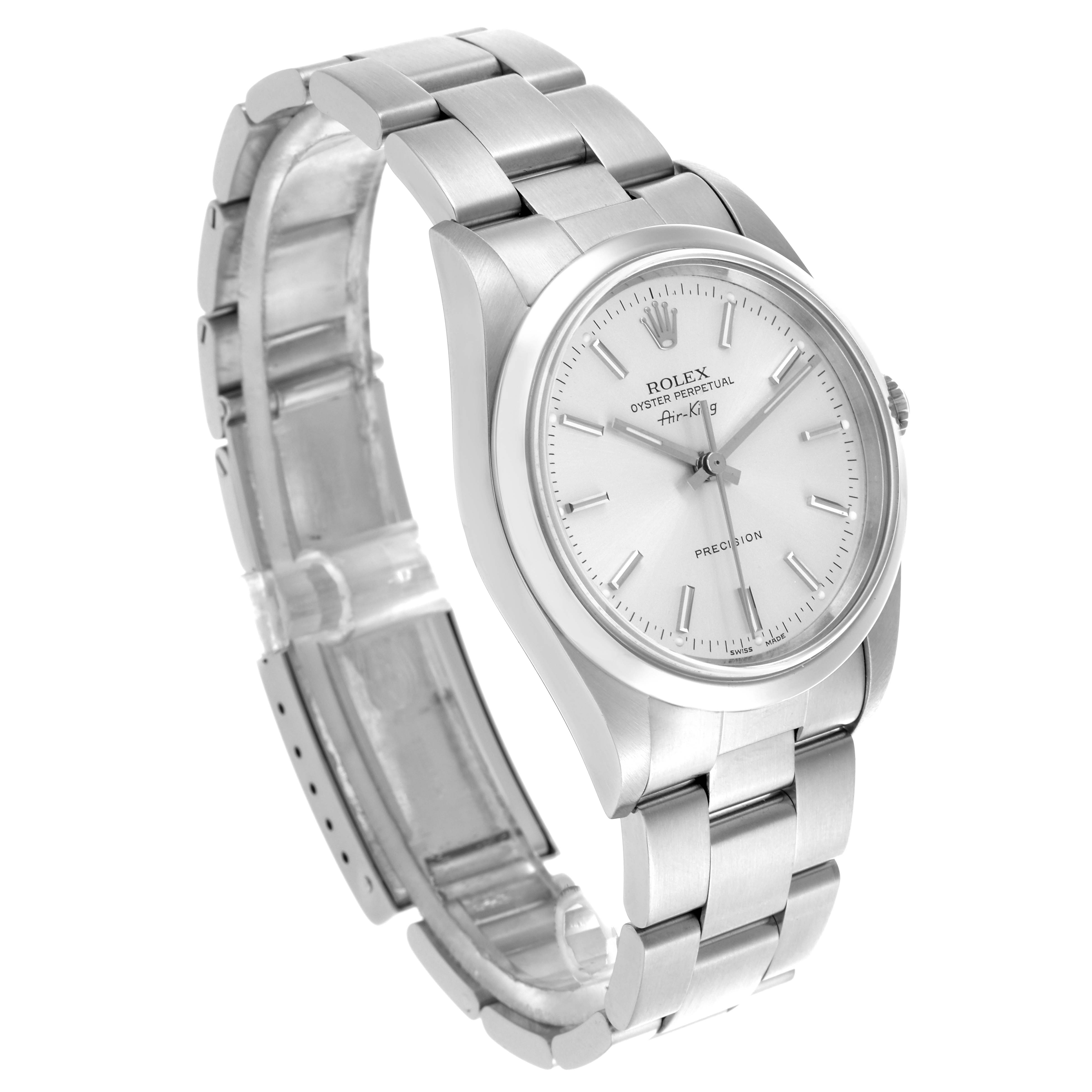 The Rolex Air-King 14000M Men's Stainless Steel Silver Dial 14000M Men's Stainless Steel Silver Dial watch is shown at a three-quarter angle, highlighting its face, case, and bracelet.