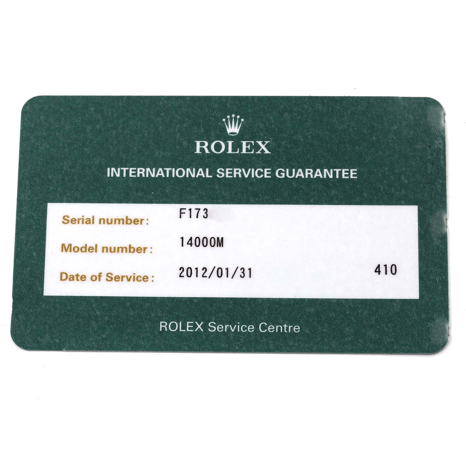 The image shows an International Service Guarantee card for a Rolex Air-King 14000M Men's Stainless Steel Silver Dial 14000M Men's Stainless Steel Silver Dial model.