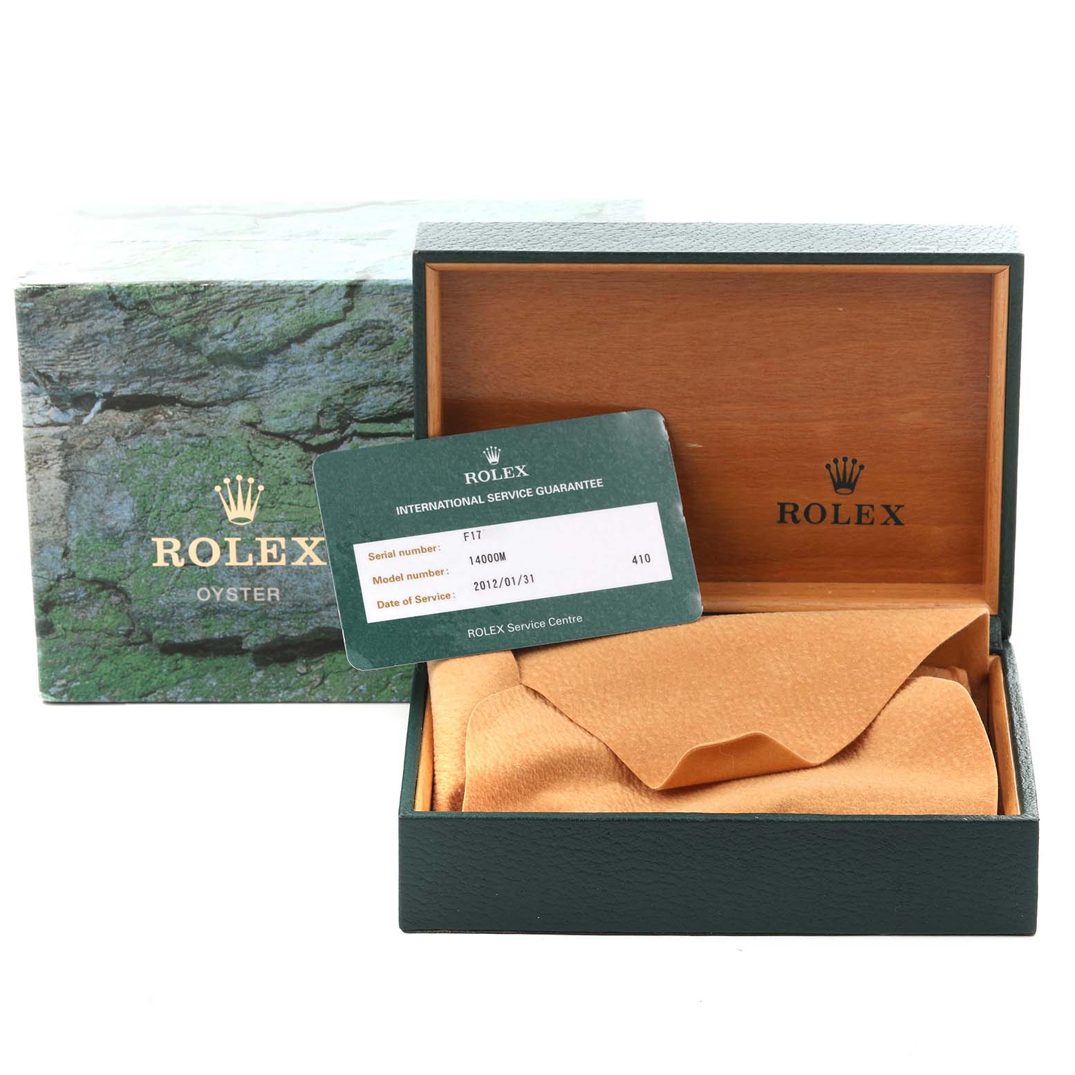 The image shows the packaging and a service guarantee card for the Rolex Air-King 14000M Men's Stainless Steel Silver Dial 14000M Men's Stainless Steel Silver Dial.