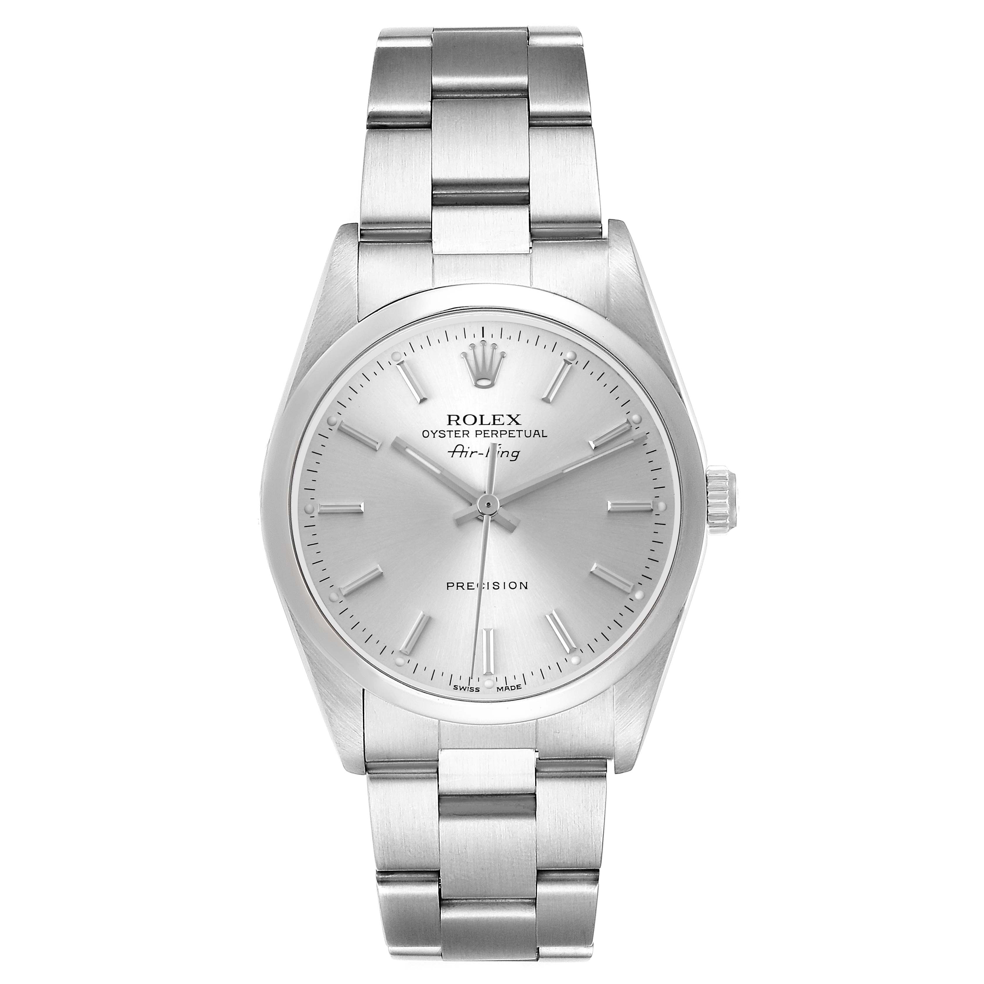 The Rolex Air-King 14000M Men's Stainless Steel Silver Dial 14000M Men's Stainless Steel Silver Dial watch is shown from the front, displaying the face, bezel, and metal bracelet.