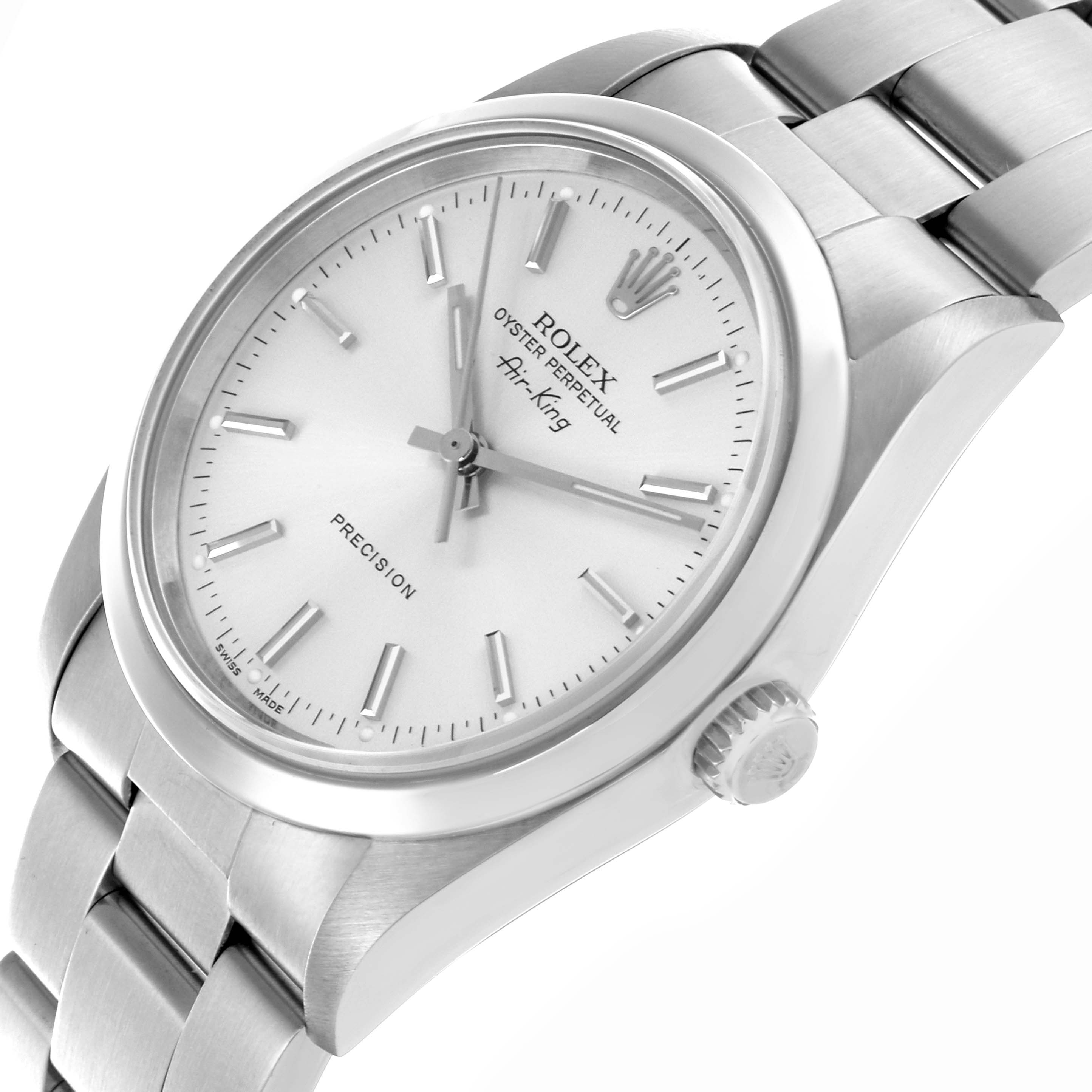 The Rolex Air-King 14000M Men's Stainless Steel Silver Dial 14000M Men's Stainless Steel Silver Dial watch is shown at an angled view highlighting its dial, crown, and bracelet.