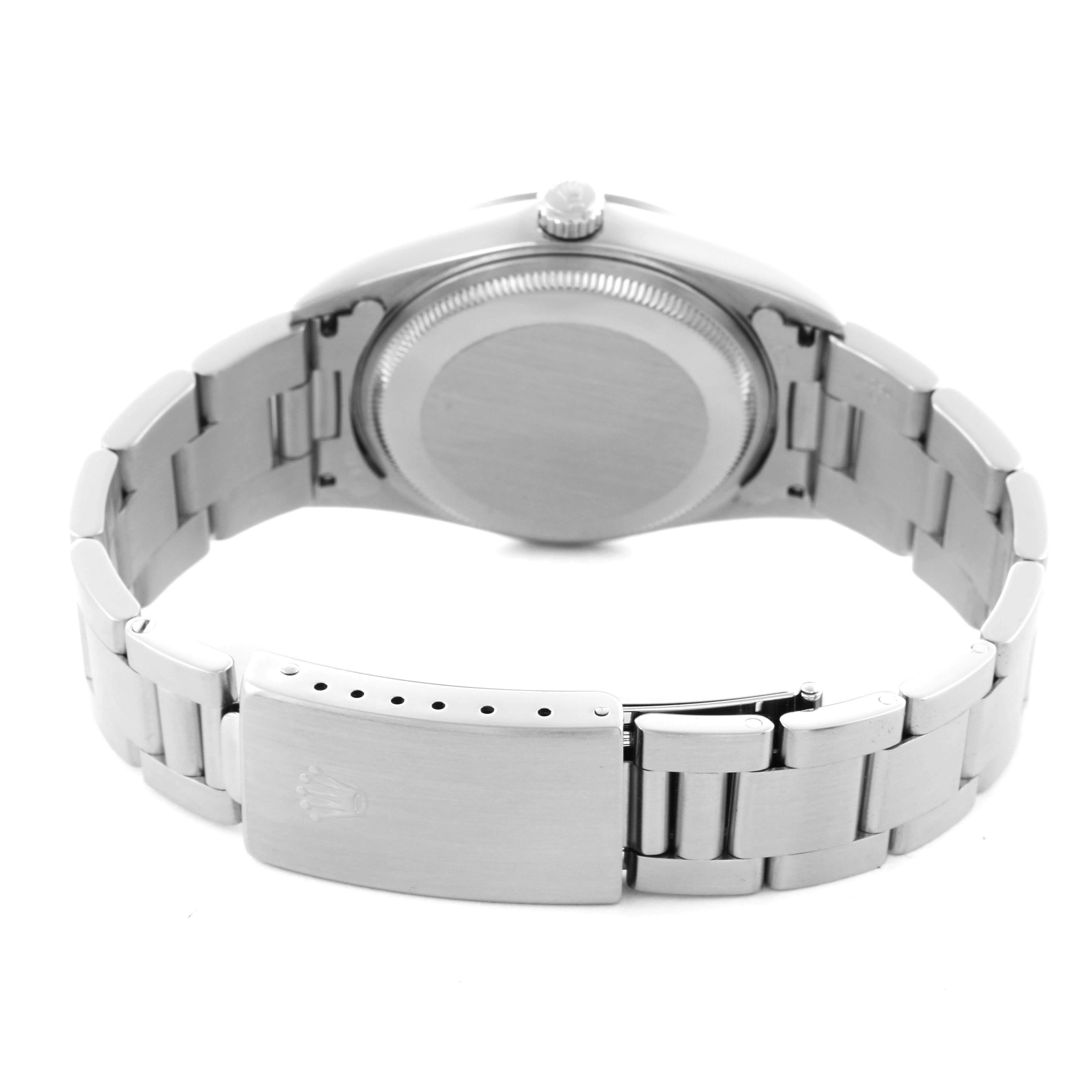 The Rolex Air-King 14000M Men's Stainless Steel Silver Dial 14000M Men's Stainless Steel Silver Dial watch is shown from the back, displaying the case back, crown, and bracelet with the clasp.