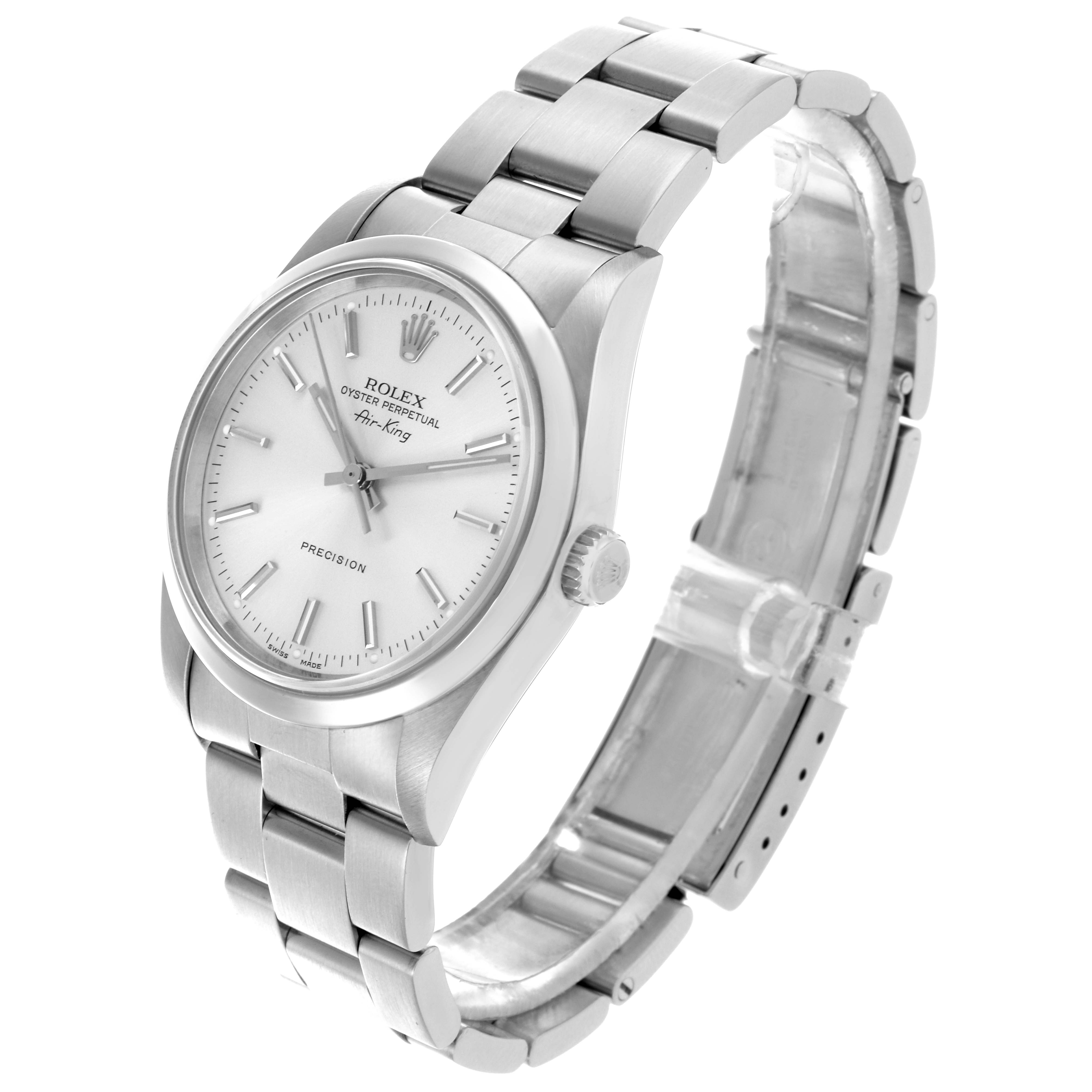 The Rolex Air-King 14000M Men's Stainless Steel Silver Dial 14000M Men's Stainless Steel Silver Dial watch is shown at a slight oblique angle, highlighting the face, bracelet, and crown.