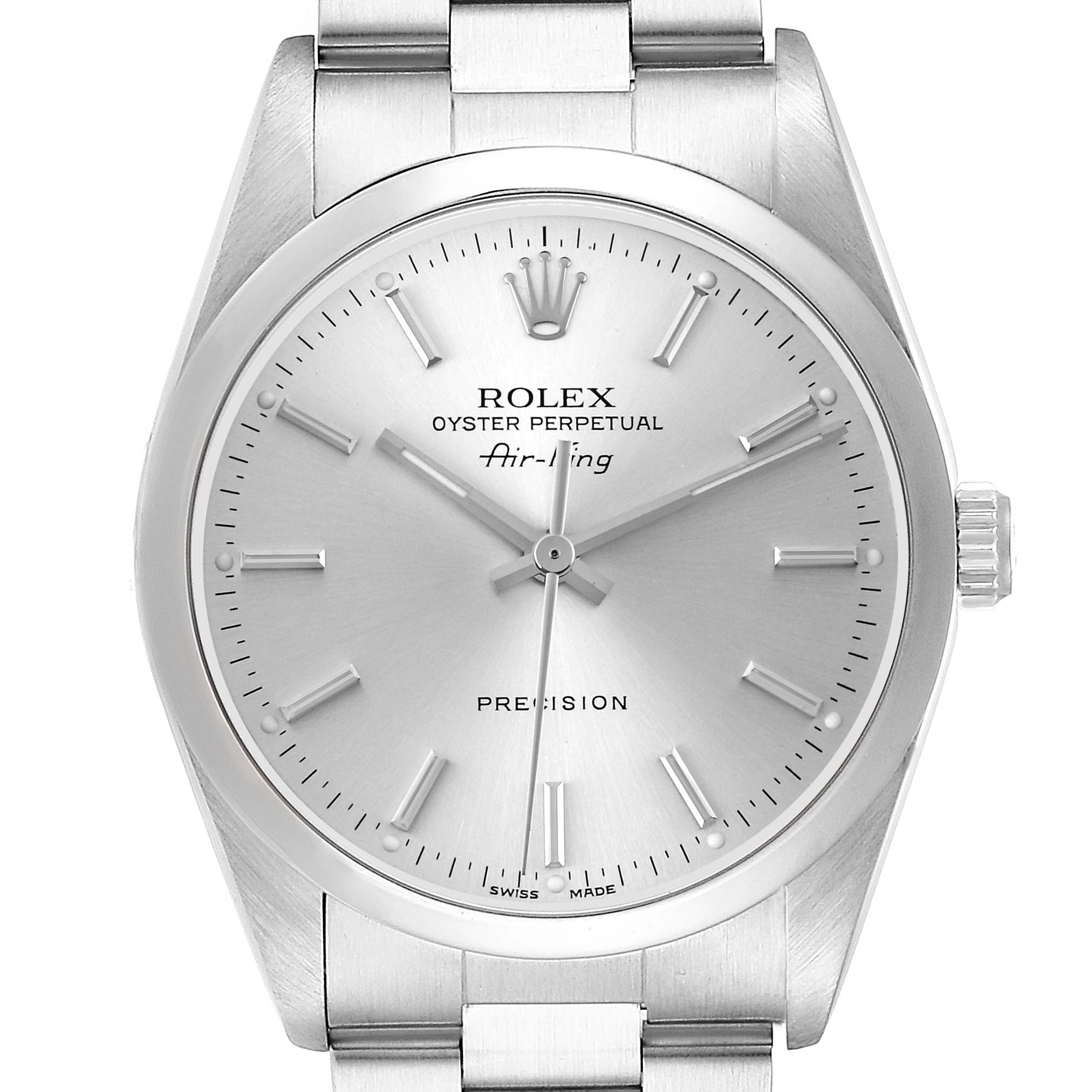The Rolex Air-King 14000M Men's Stainless Steel Silver Dial 14000M Men's Stainless Steel Silver Dial watch is shown from the front, displaying the dial, hands, crown, and part of the bracelet.