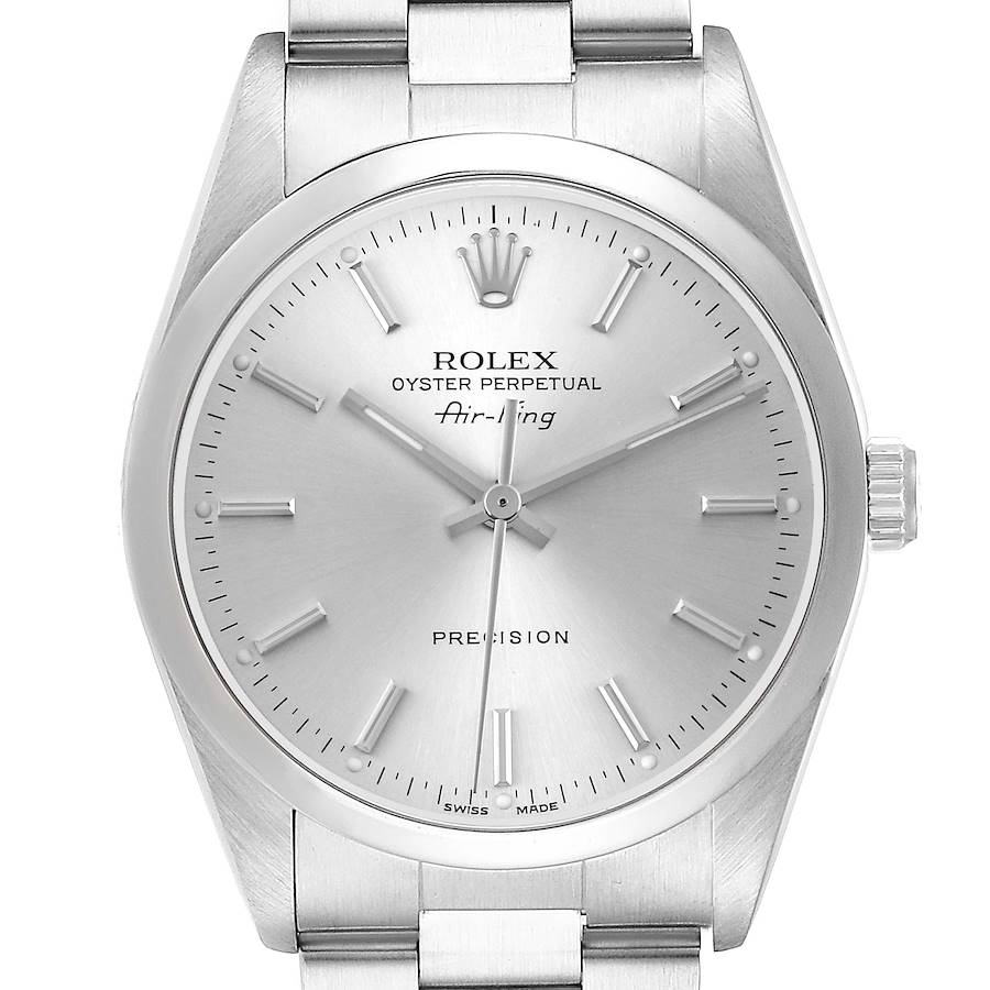 The Rolex Air-King watch is shown from the front, displaying the dial, hands, crown, and part of the bracelet.