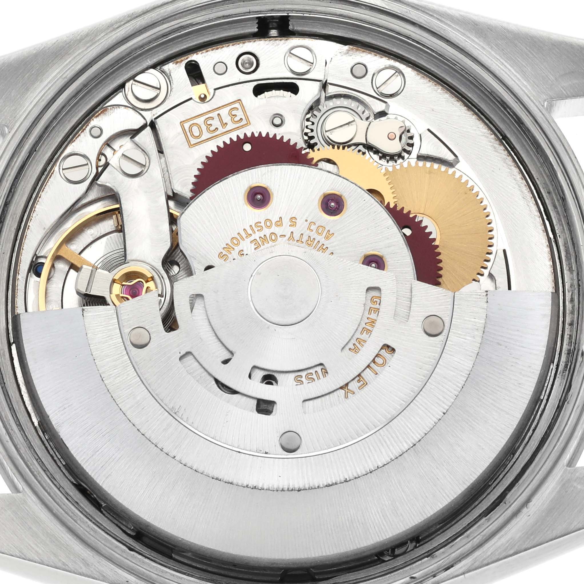The image shows the movement mechanism of a Rolex Air-King 14000M Men's Stainless Steel Silver Dial 14000M Men's Stainless Steel Silver Dial watch from a rear view, highlighting gears and internal components.