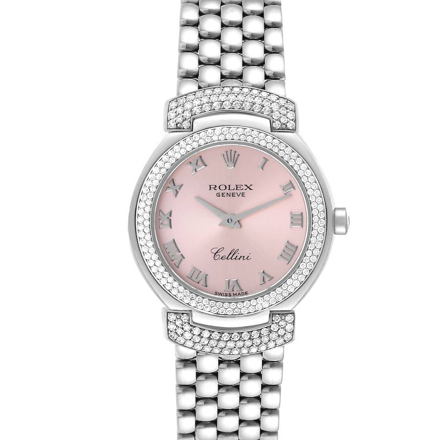 Rolex Cellini Cellissima White Gold Pink Dial Diamond Ladies Watch 6673 SwissWatchExpo