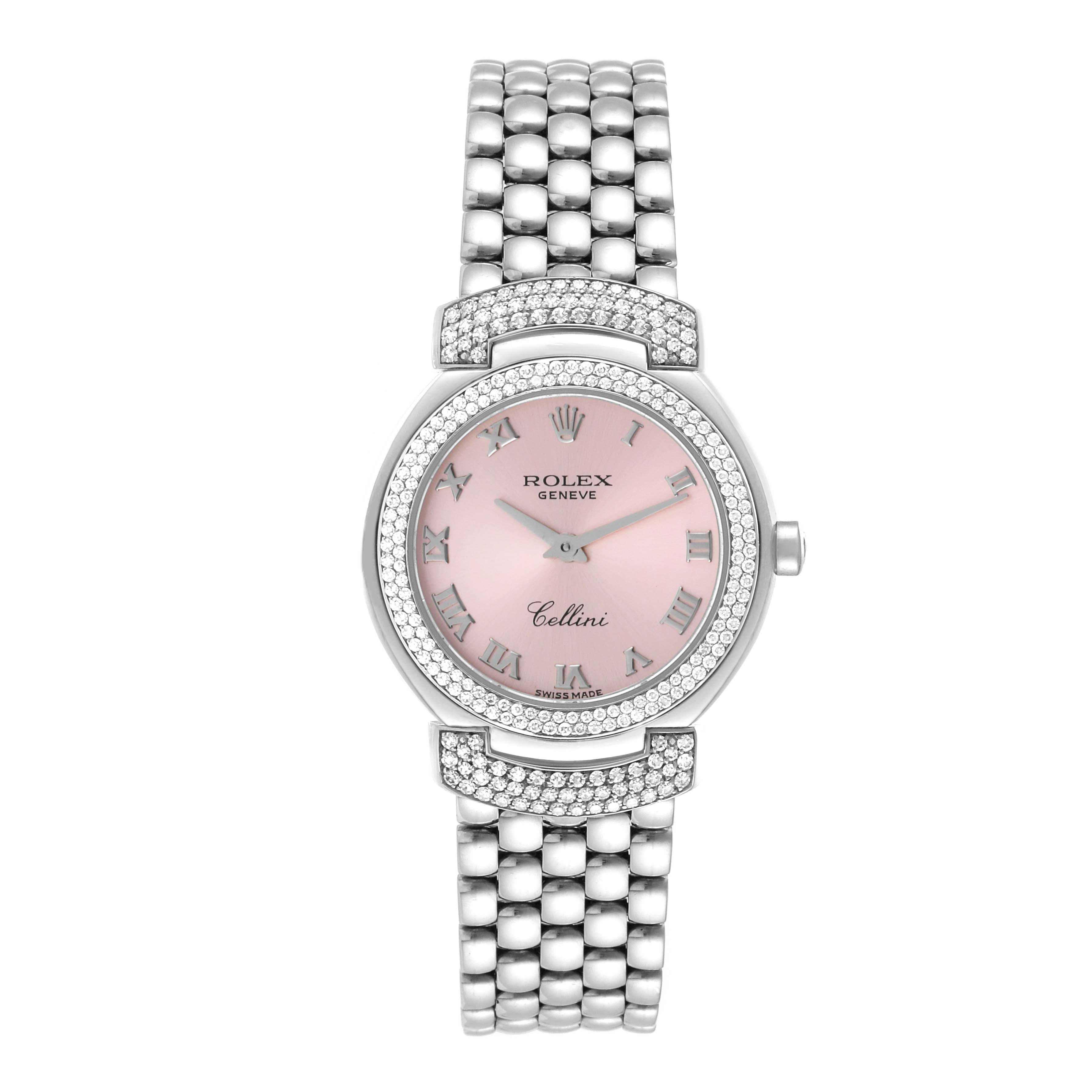 This image shows a front view of the Rolex Cellini 6673 Women
s White Gold Pink Dial 6673 Women
s White Gold Pink Dial watch, highlighting its pink dial, Roman numerals, and silver bracelet.