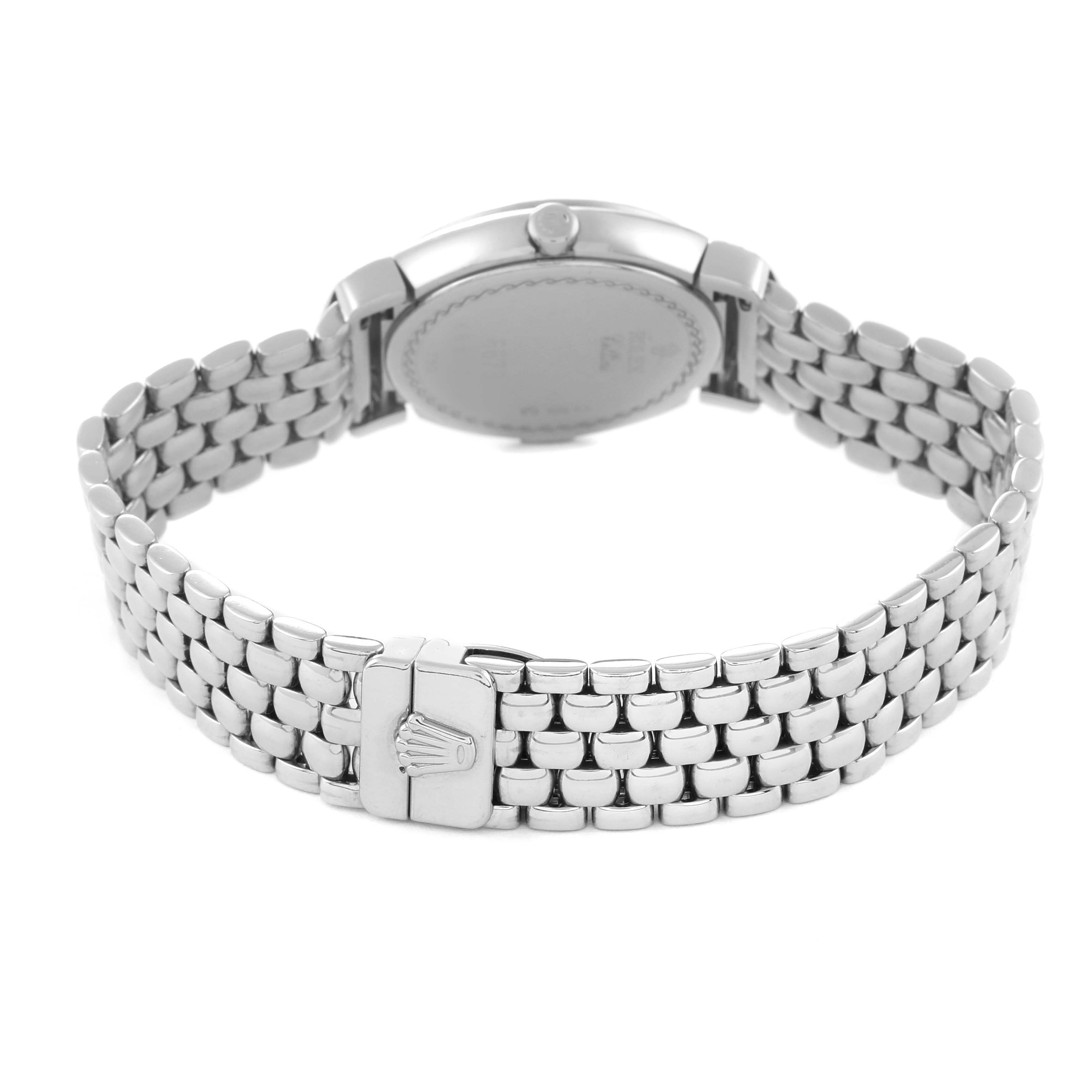 This image shows the back view of a Rolex Cellini 6673 Women
s White Gold Pink Dial 6673 Women
s White Gold Pink Dial watch, highlighting its bracelet and clasp.