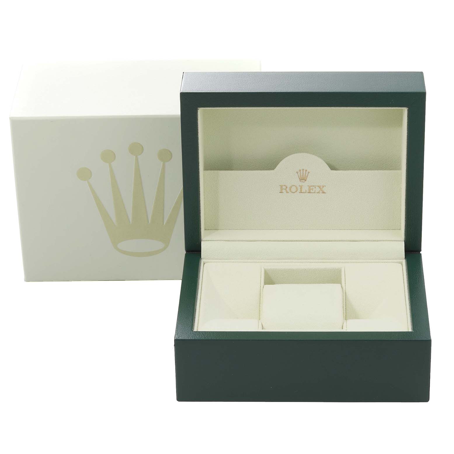 This image shows an open Rolex Cellini 6673 Women
s White Gold Pink Dial 6673 Women
s White Gold Pink Dial watch box with an outer white box featuring the Rolex crown logo.