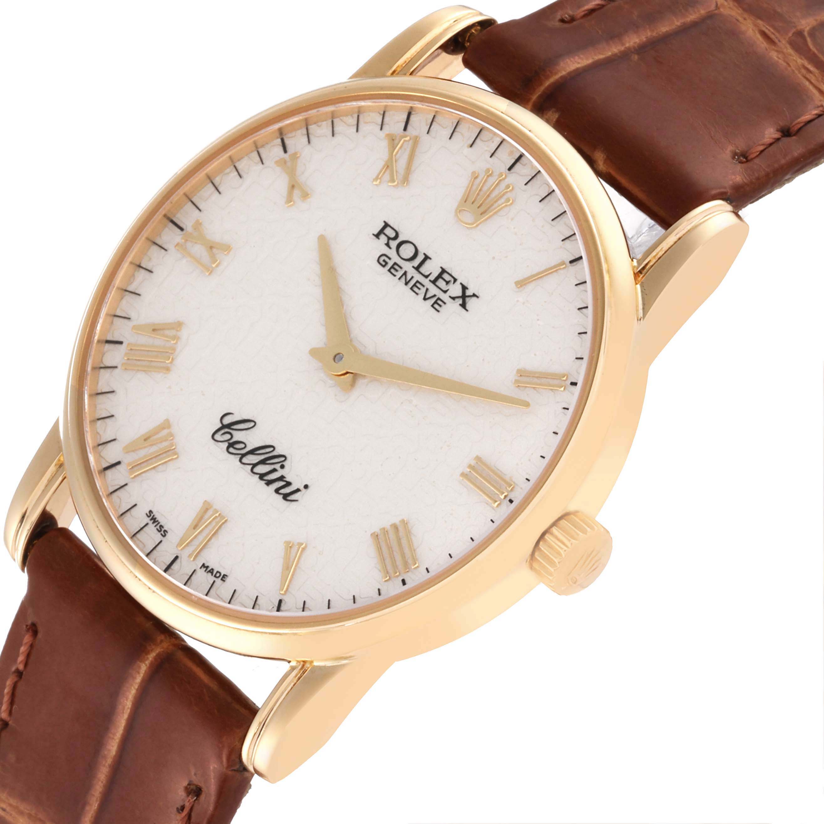 The image shows a Rolex Cellini 5116 Men's Yellow Gold White Dial 5116 Men's Yellow Gold White Dial watch angled slightly from the front, highlighting its dial, crown, case, and leather strap.