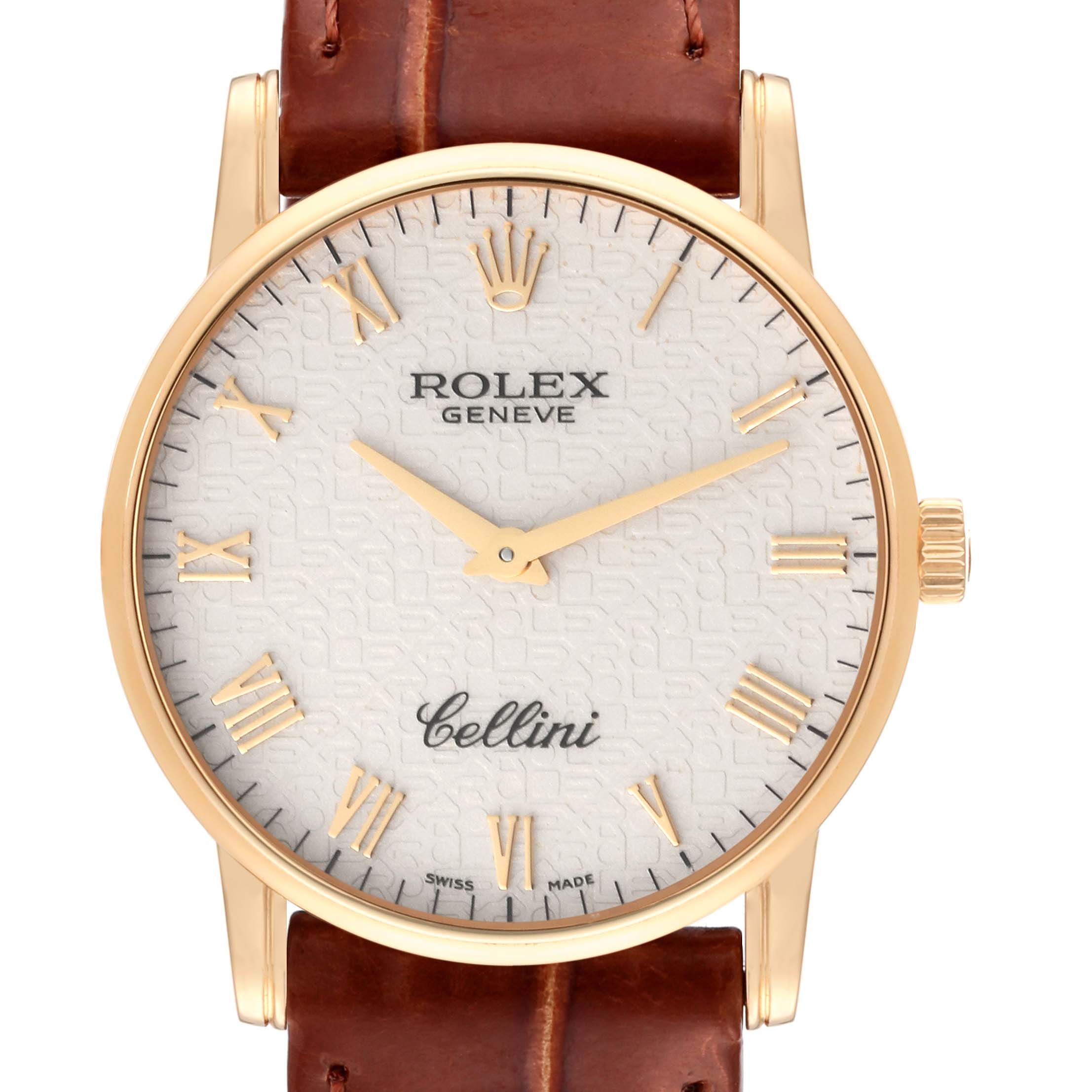 The image shows a front view of a Rolex Cellini 5116 Men's Yellow Gold White Dial 5116 Men's Yellow Gold White Dial watch, displaying its face, hands, crown, and leather strap.