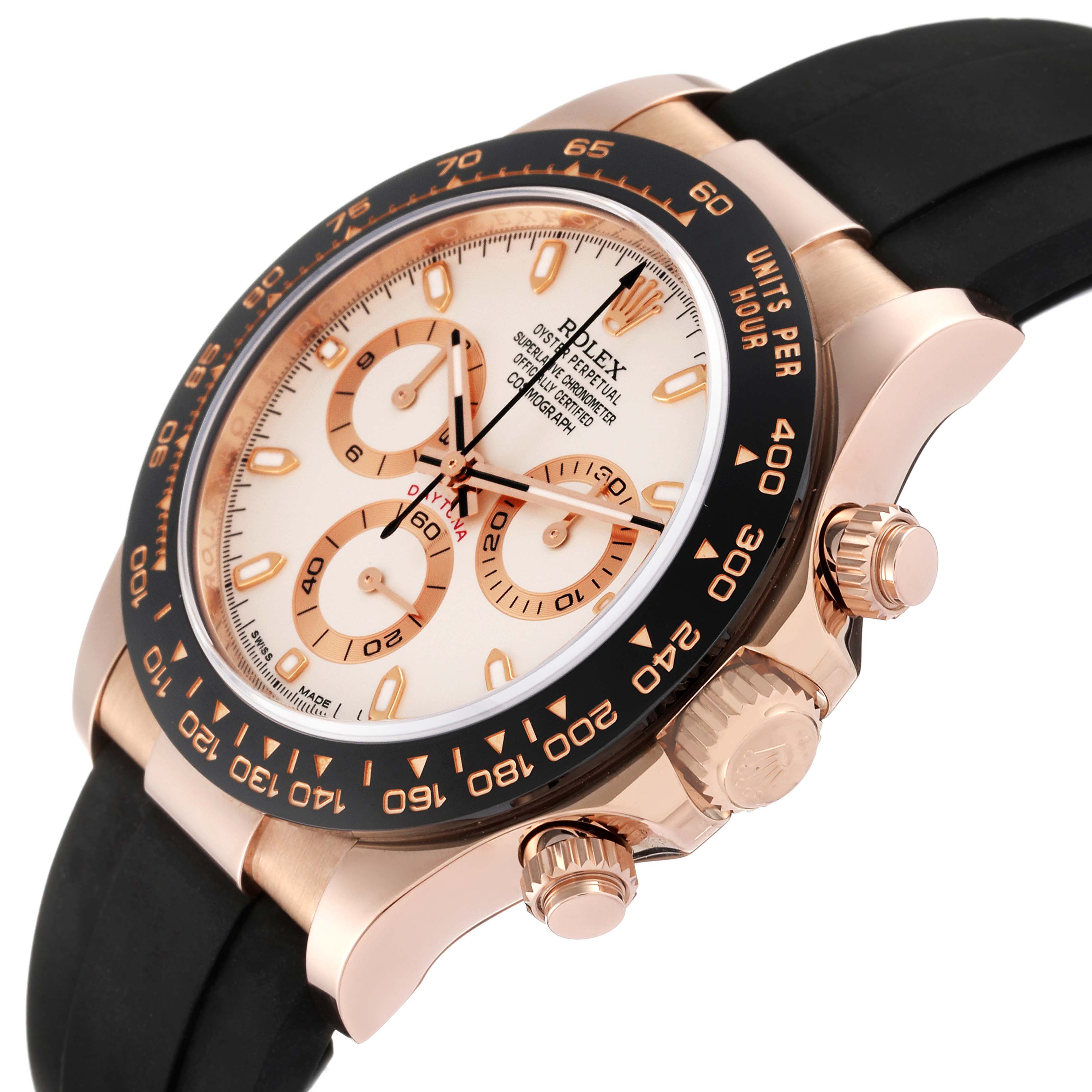 The image shows a side view of a Rolex Daytona 116515LN Men's Rose Gold Silver Dial 116515LN Men's Rose Gold Silver Dial watch, highlighting its case, bezel, crown, pushers, and black strap.