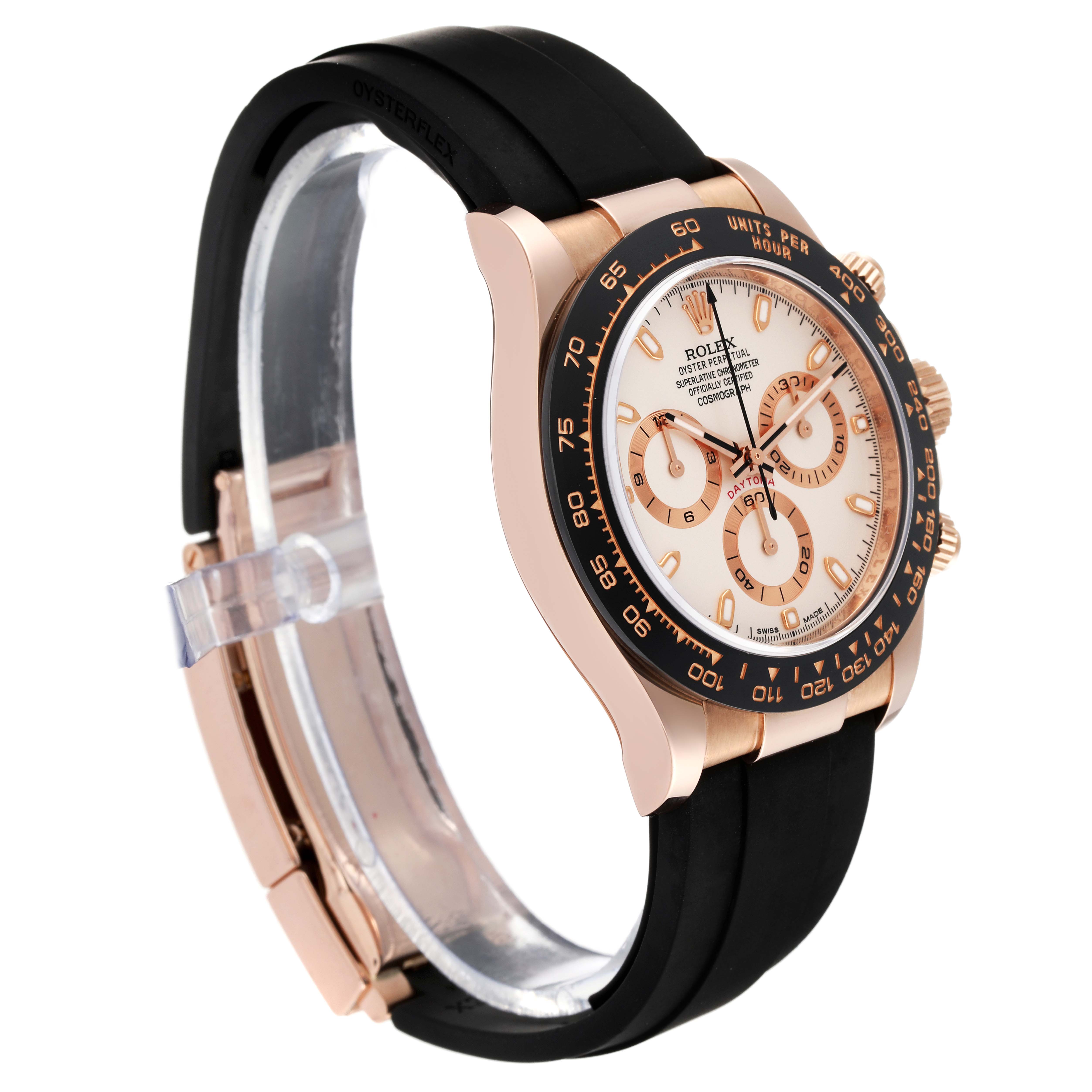 The image shows a side view of a Rolex Daytona 116515LN Men's Rose Gold Silver Dial 116515LN Men's Rose Gold Silver Dial watch, highlighting its black bezel, rose gold case, and black strap.