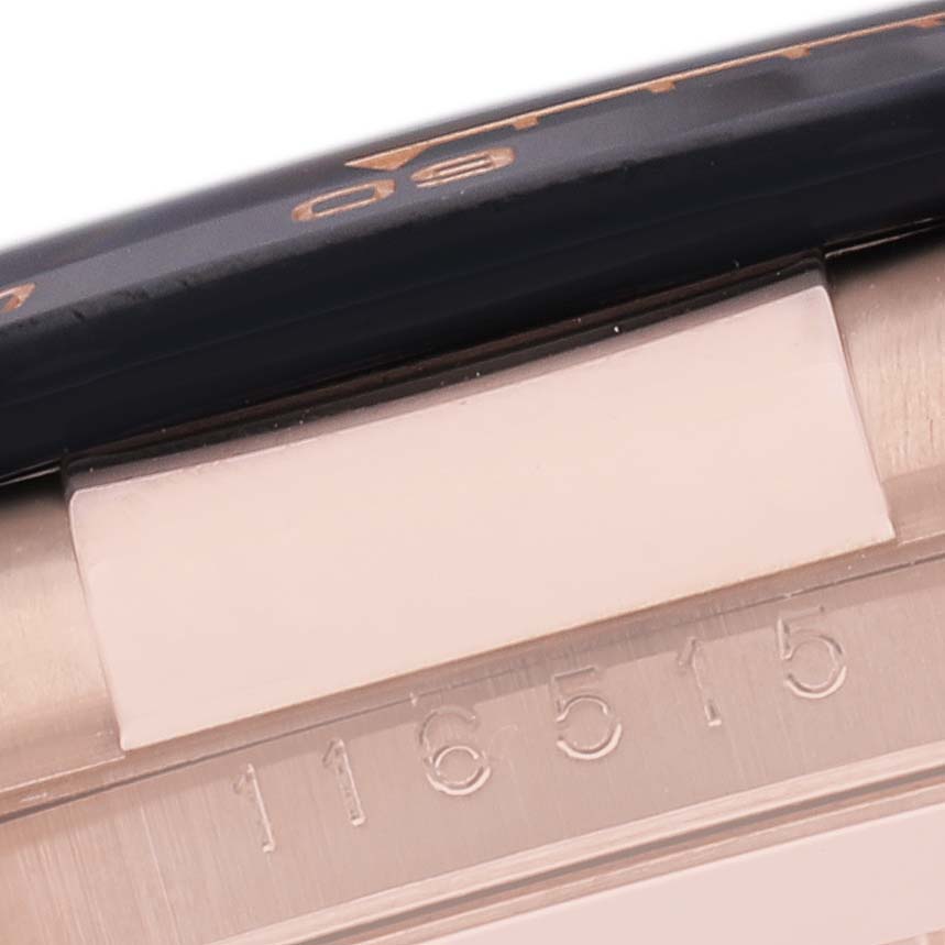 This image shows a close-up angle of the case and bezel of a Rolex Daytona 116515LN Men's Rose Gold Silver Dial 116515LN Men's Rose Gold Silver Dial, highlighting the model number engraving.