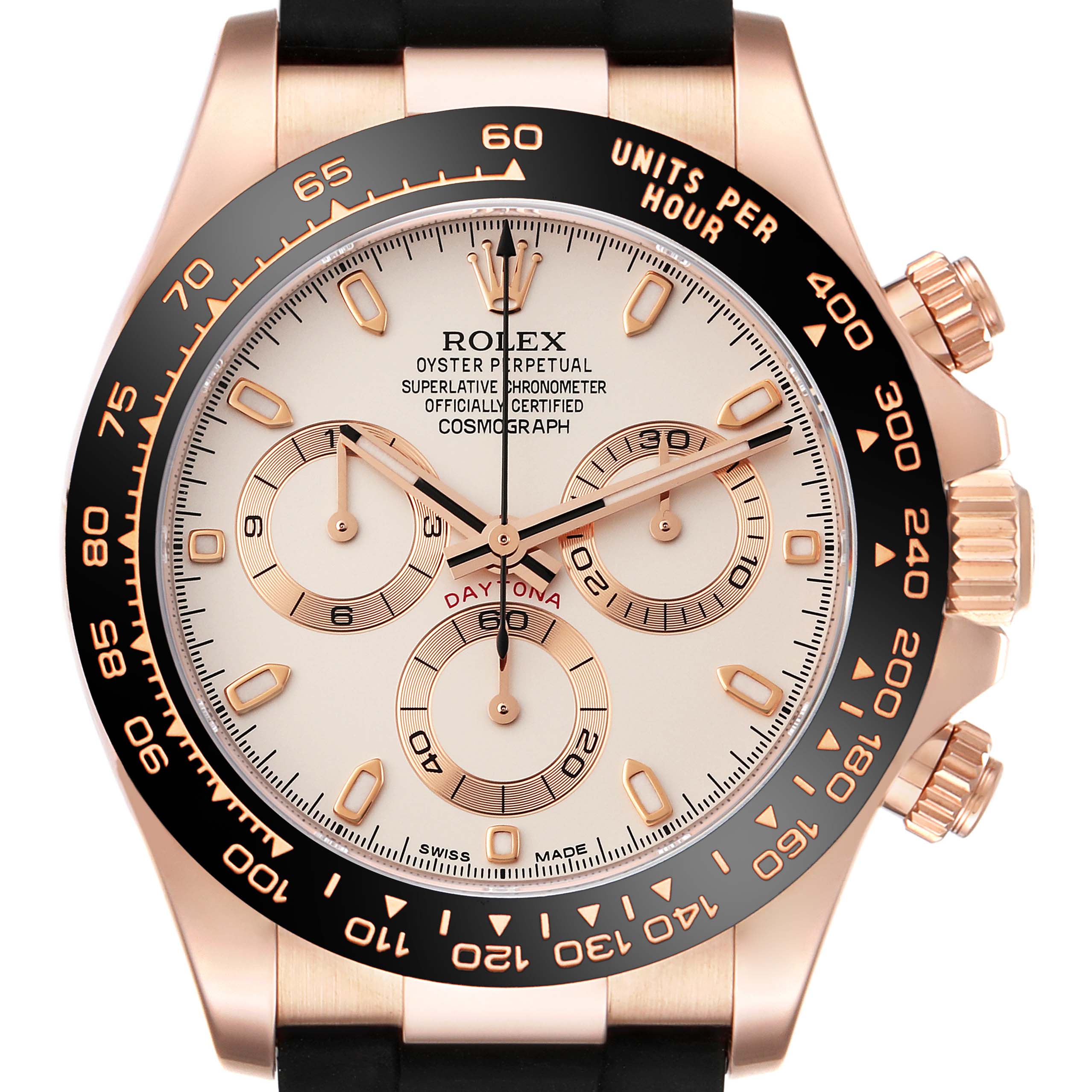 This image shows a front view of a Rolex Daytona 116515LN Men's Rose Gold Silver Dial 116515LN Men's Rose Gold Silver Dial watch displaying its dial, subdials, bezel, and crown.