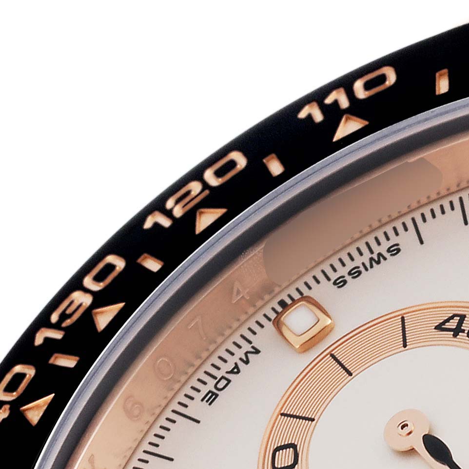 This image shows a close-up of the bezel and part of the dial of a Rolex Daytona 116515LN Men's Rose Gold Silver Dial 116515LN Men's Rose Gold Silver Dial watch.