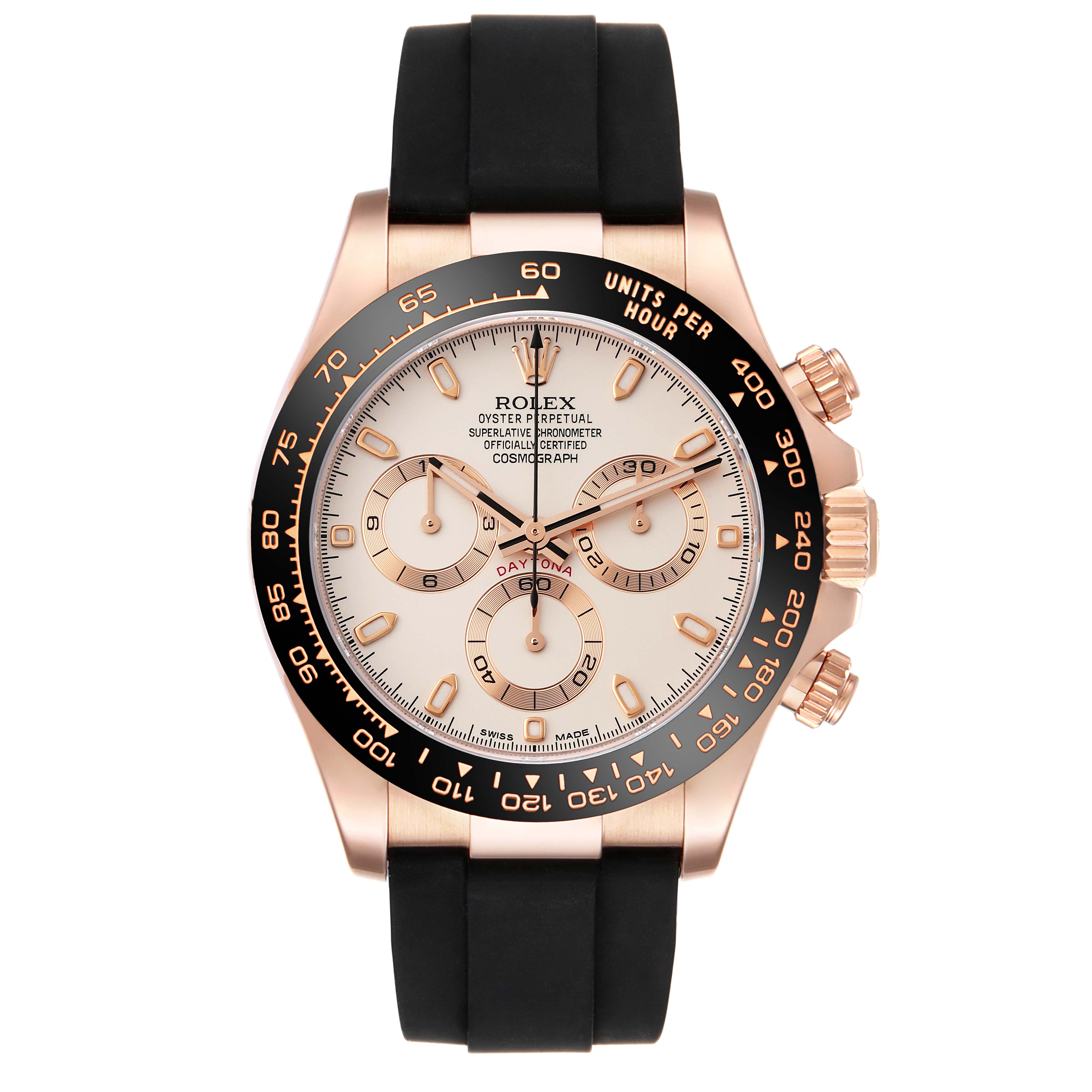 This Rolex Daytona 116515LN Men's Rose Gold Silver Dial 116515LN Men's Rose Gold Silver Dial watch is shown from a front angle, highlighting the dial, bezel, and pushers.