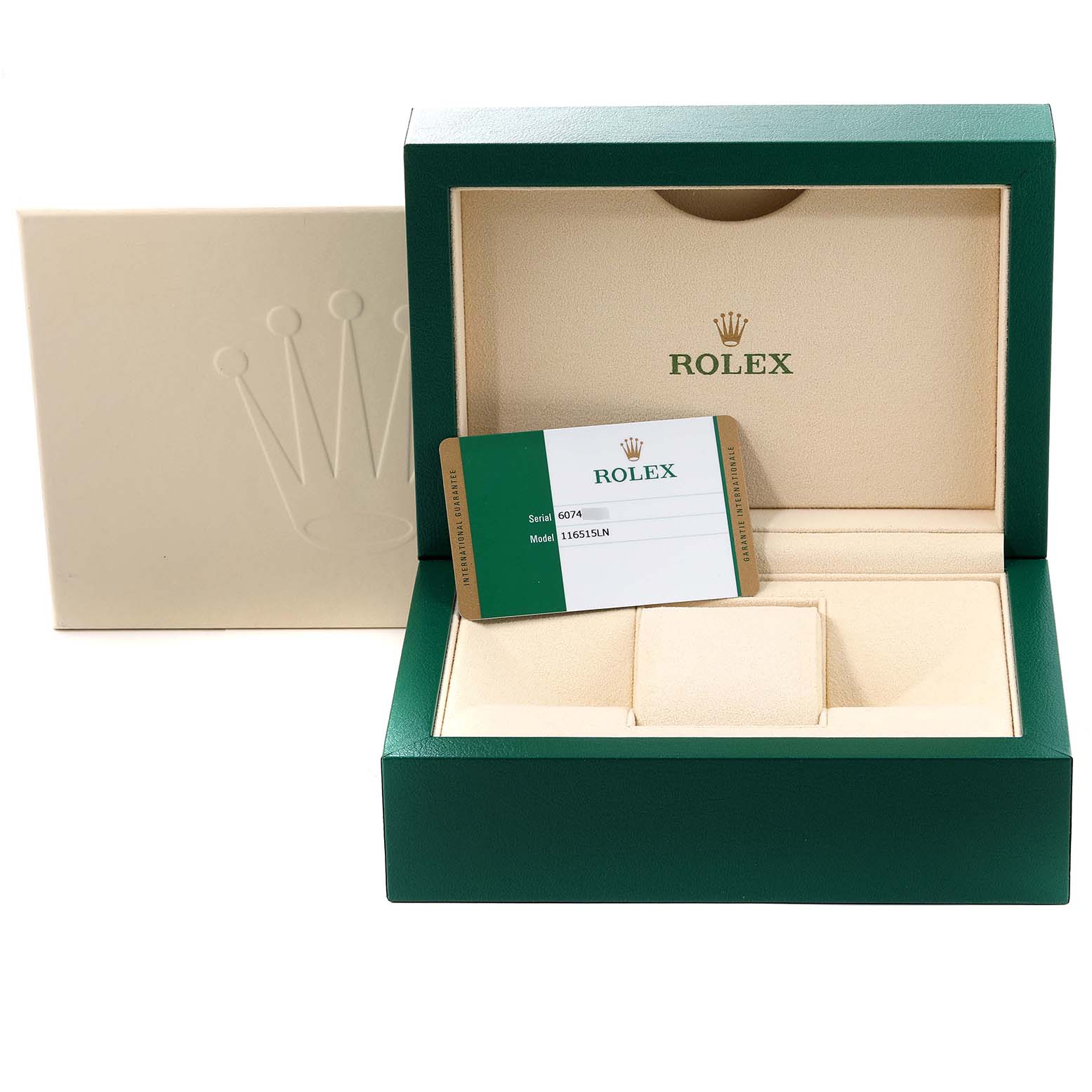The image shows a Rolex Daytona 116515LN Men's Rose Gold Silver Dial 116515LN Men's Rose Gold Silver Dial box with an open lid, displaying an authenticity card.