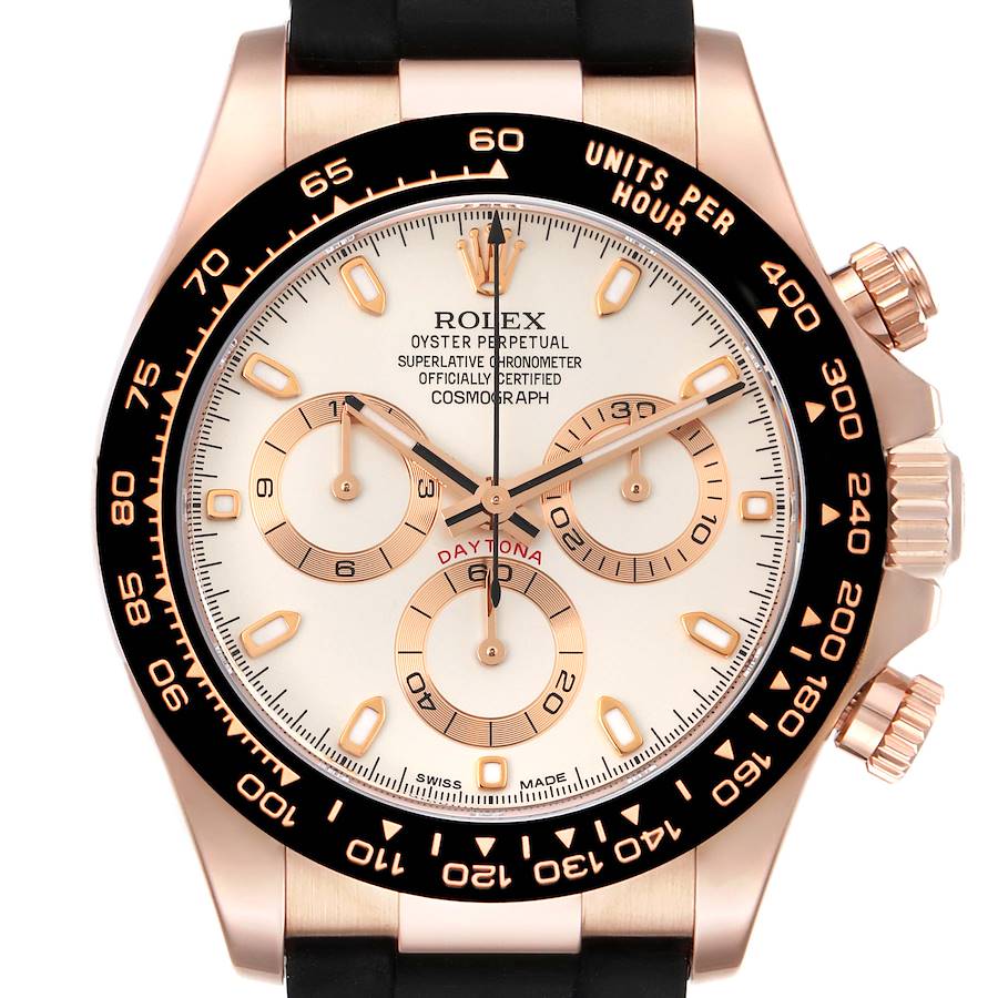 The Rolex Daytona watch is shown from the front, highlighting the face, bezel, crown, and pushers.