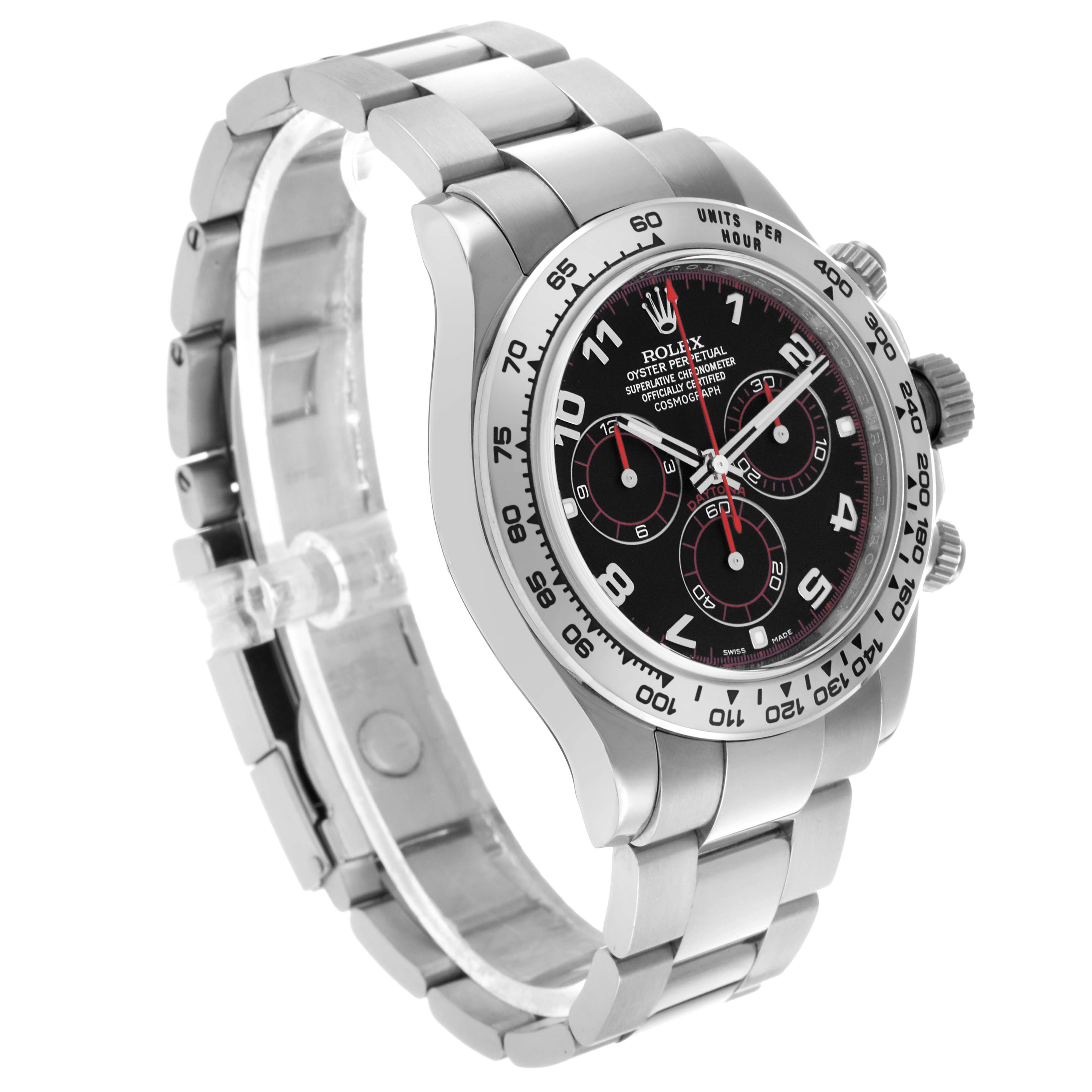 The Rolex Daytona 116509 Men's White Gold Black Dial watch is shown at a slight angle, highlighting the dial, bezel, and metal bracelet.