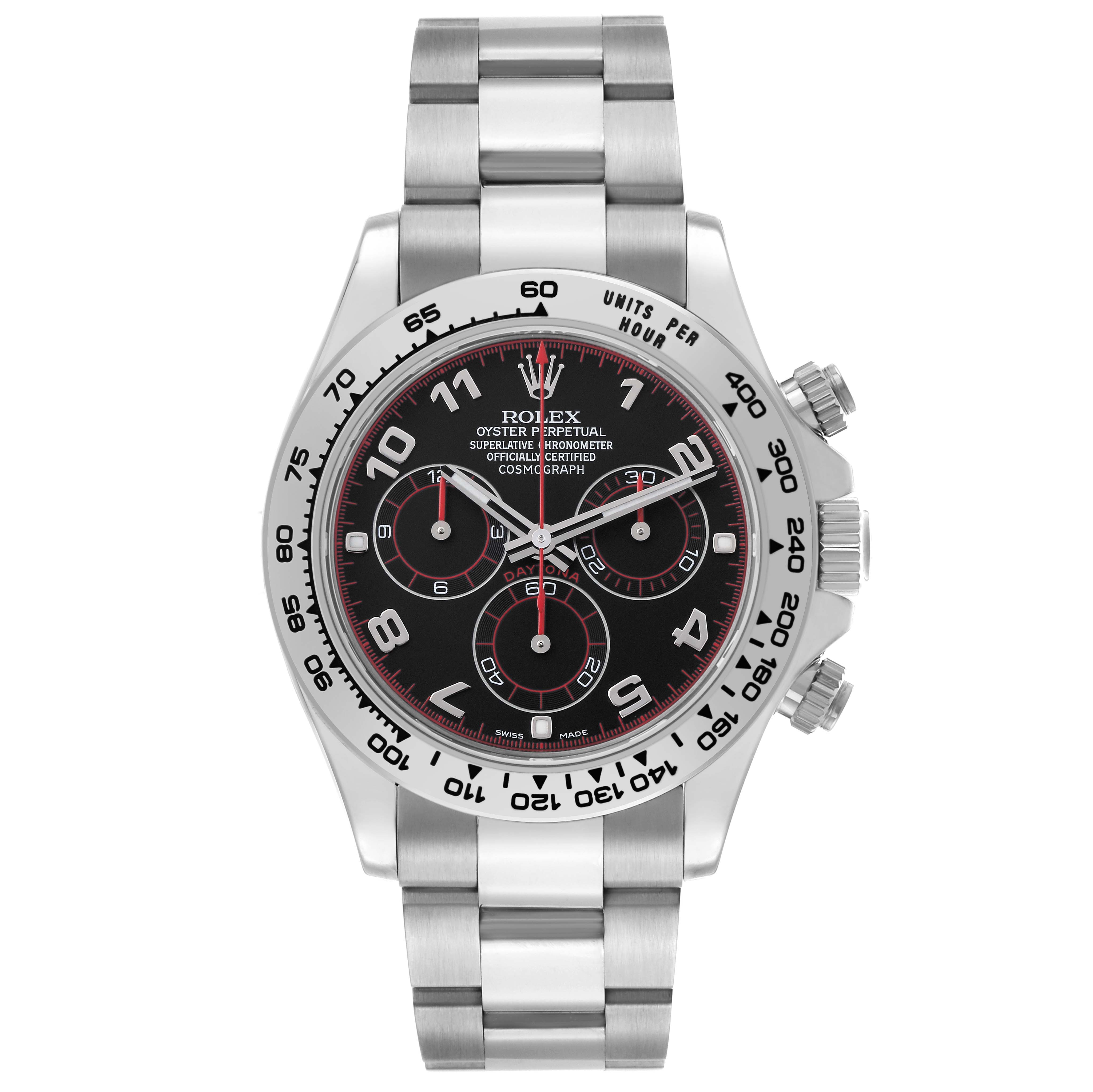 The Rolex Daytona 116509 Men's White Gold Black Dial watch is shown from the front, displaying its dial, bezel, and bracelet.