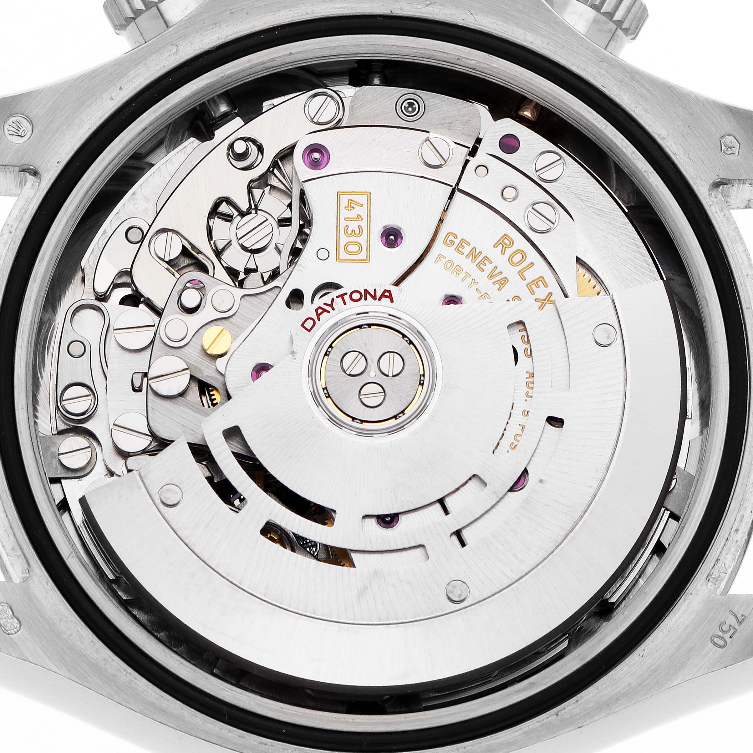 The image shows the back view of a Rolex Daytona 116509 Men's White Gold Black Dial, highlighting its intricate movement and gears.