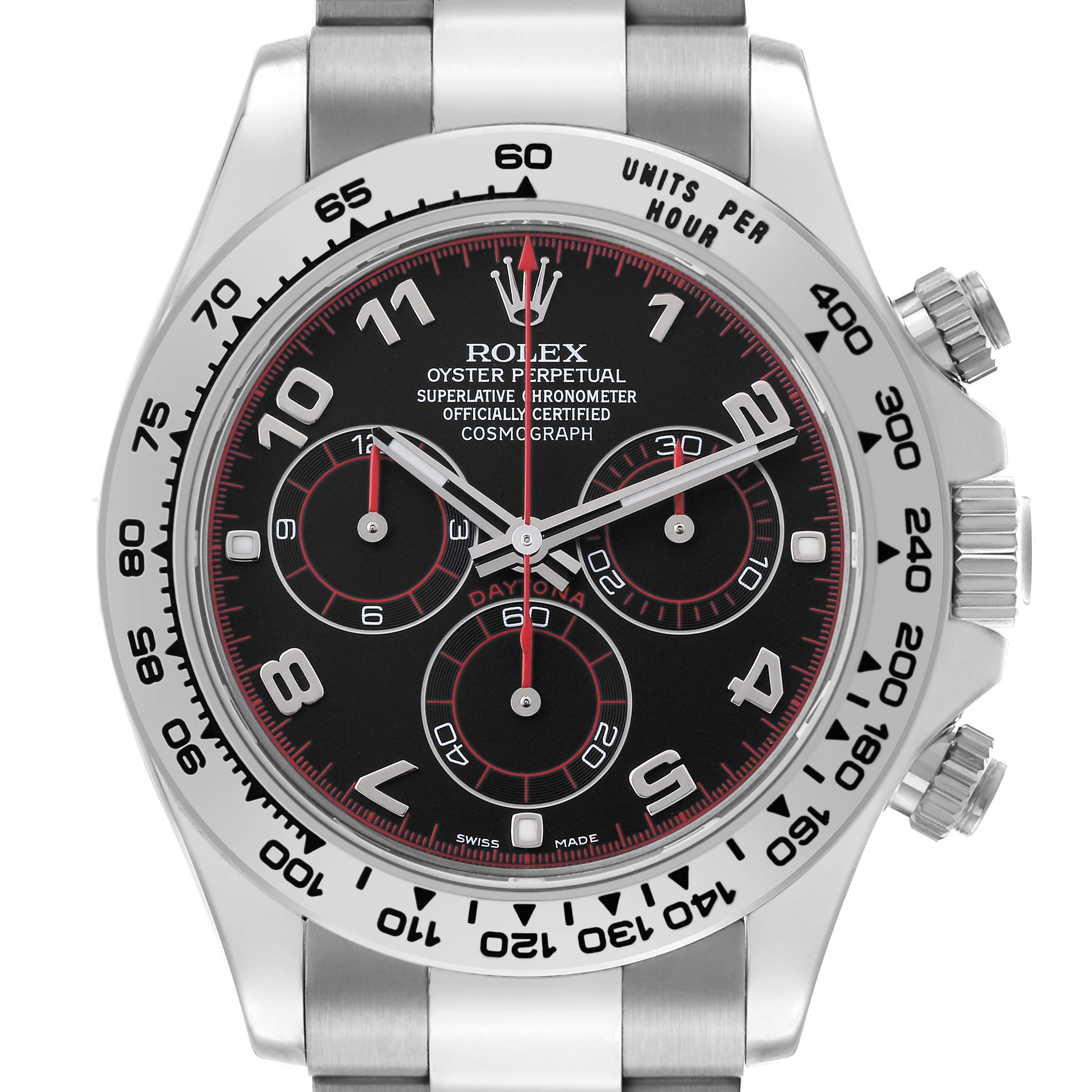 The Rolex Daytona 116509 Men's White Gold Black Dial watch is shown from the front, highlighting the dial, bezel, pushers, and part of the bracelet.