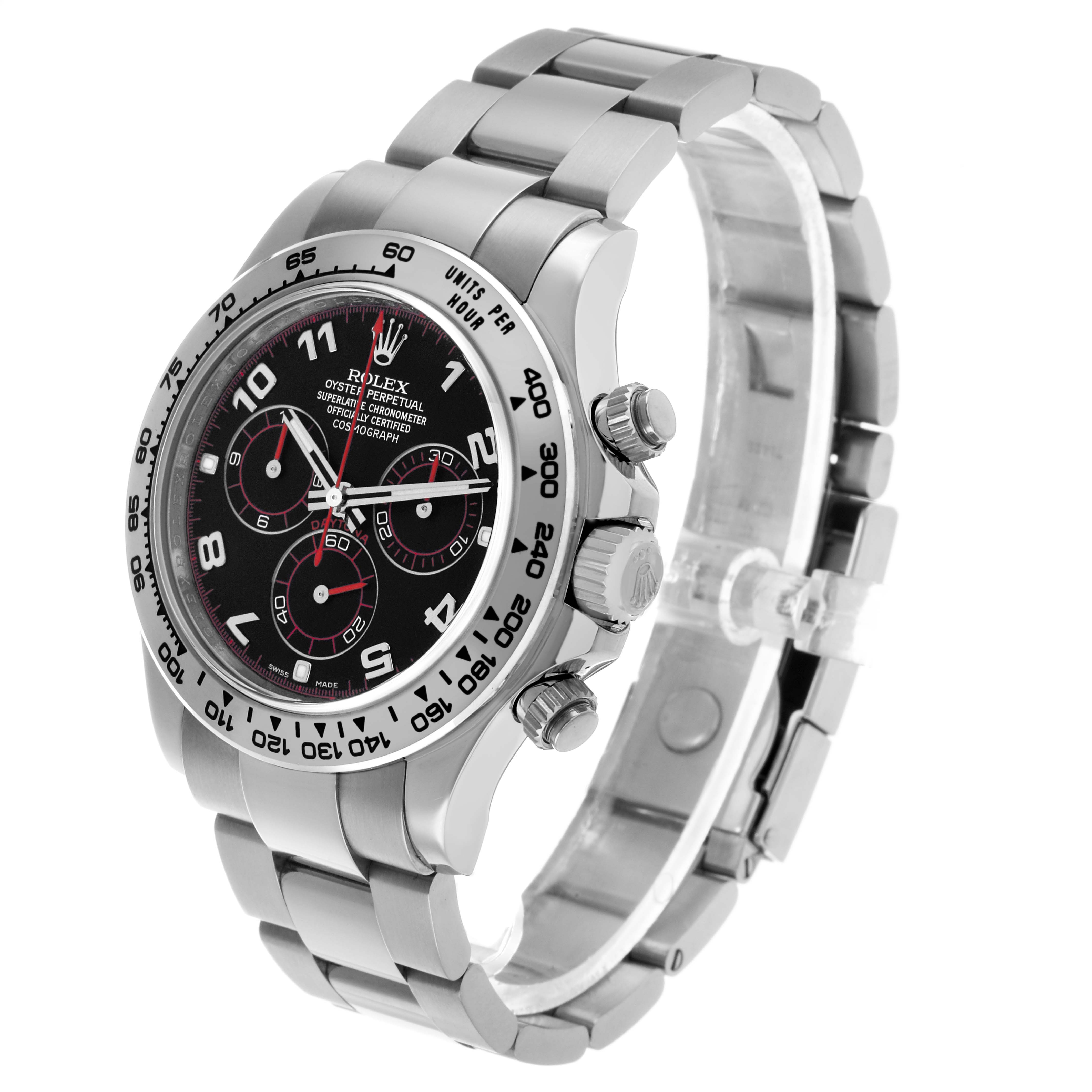 The Rolex Daytona 116509 Men's White Gold Black Dial watch is shown at a three-quarter angle, highlighting the face, bezel, chronograph buttons, and metal bracelet.