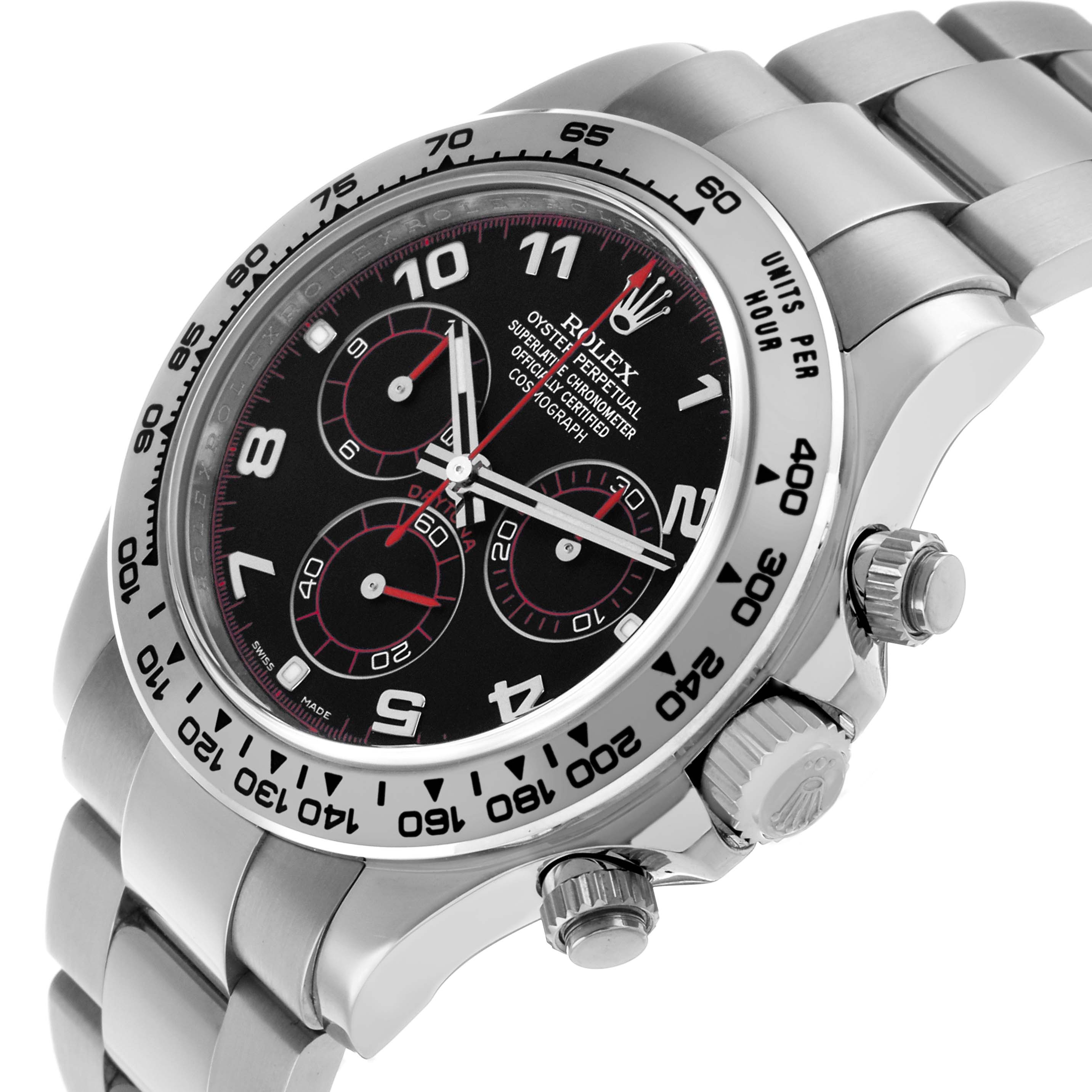 The image shows a Rolex Daytona 116509 Men's White Gold Black Dial watch from a slight side angle, displaying the face, bezel, crown, and part of the bracelet.