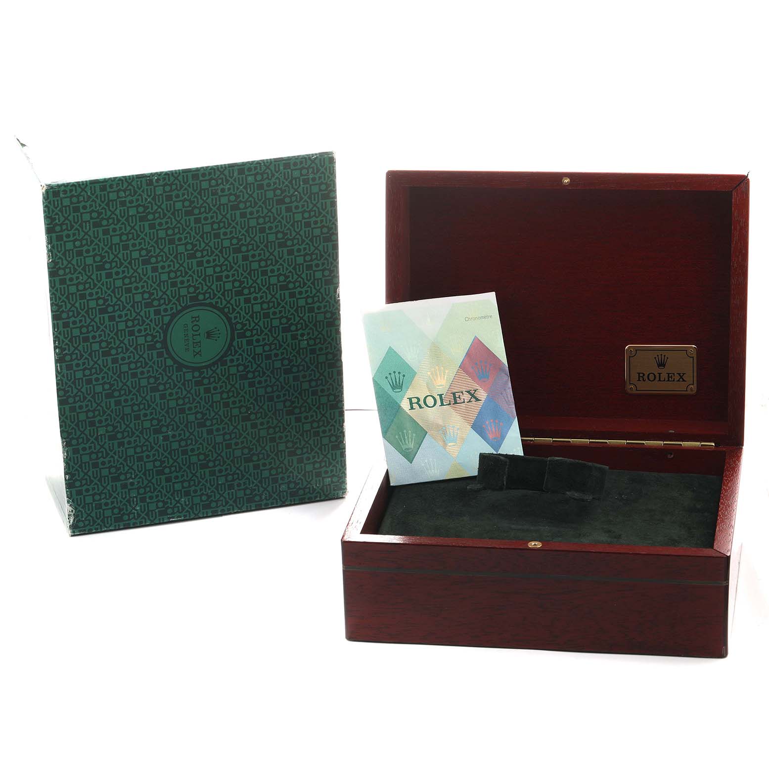 The image shows an open Rolex Daytona 116509 Men's White Gold Black Dial watch box with a booklet, viewed at a slight angle, revealing its interior and packaging.