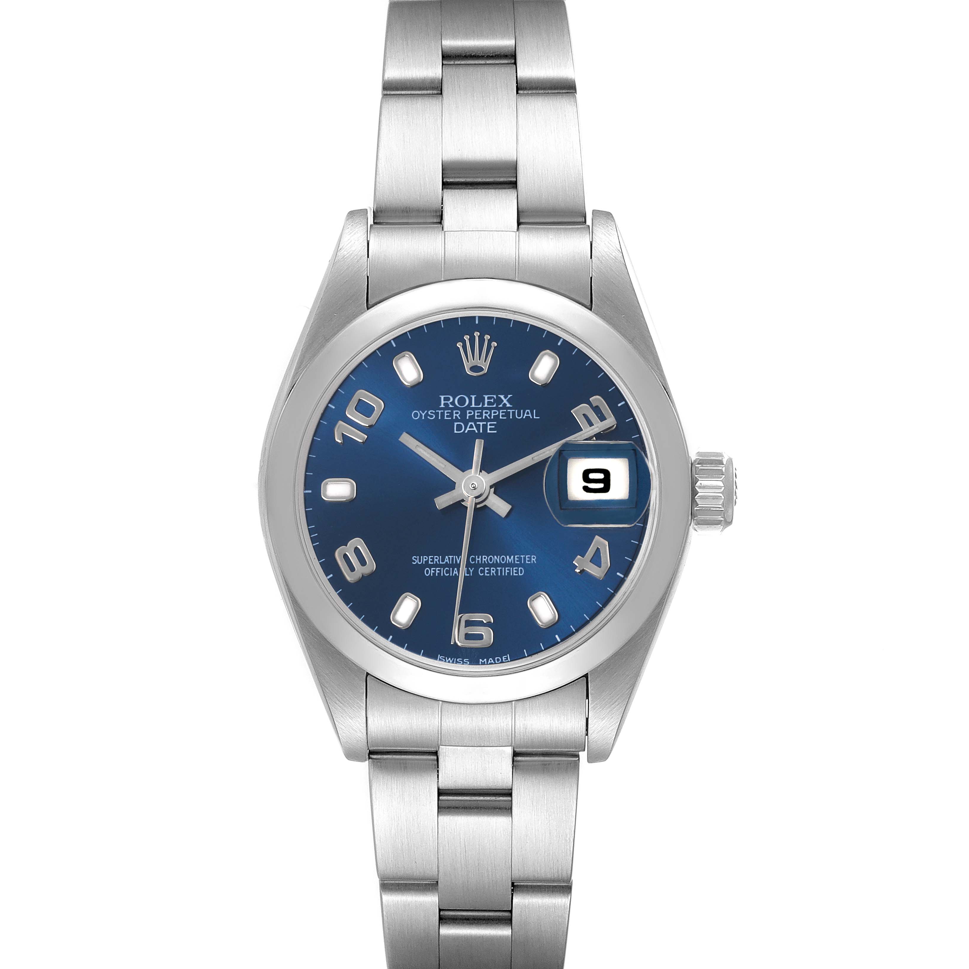 The Rolex Date 79160 Women's Stainless Steel Blue Dial 79160 Women's Stainless Steel Blue Dial watch is shown from the front, displaying the dial, bezel, case, bracelet, and crown.