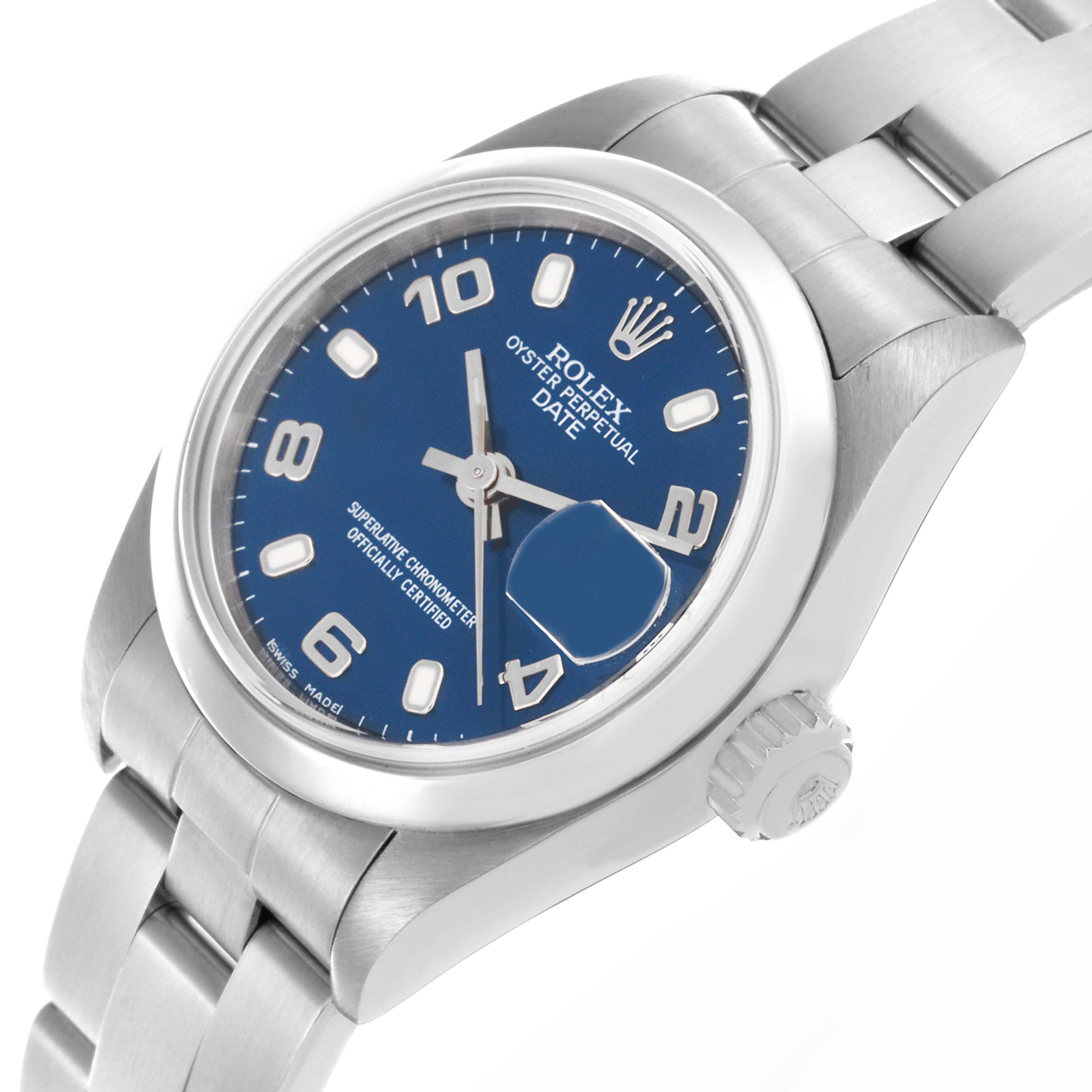 The Rolex Date 79160 Women's Stainless Steel Blue Dial 79160 Women's Stainless Steel Blue Dial watch is shown at an angled view, highlighting the dial, bezel, case, crown, and part of the bracelet.