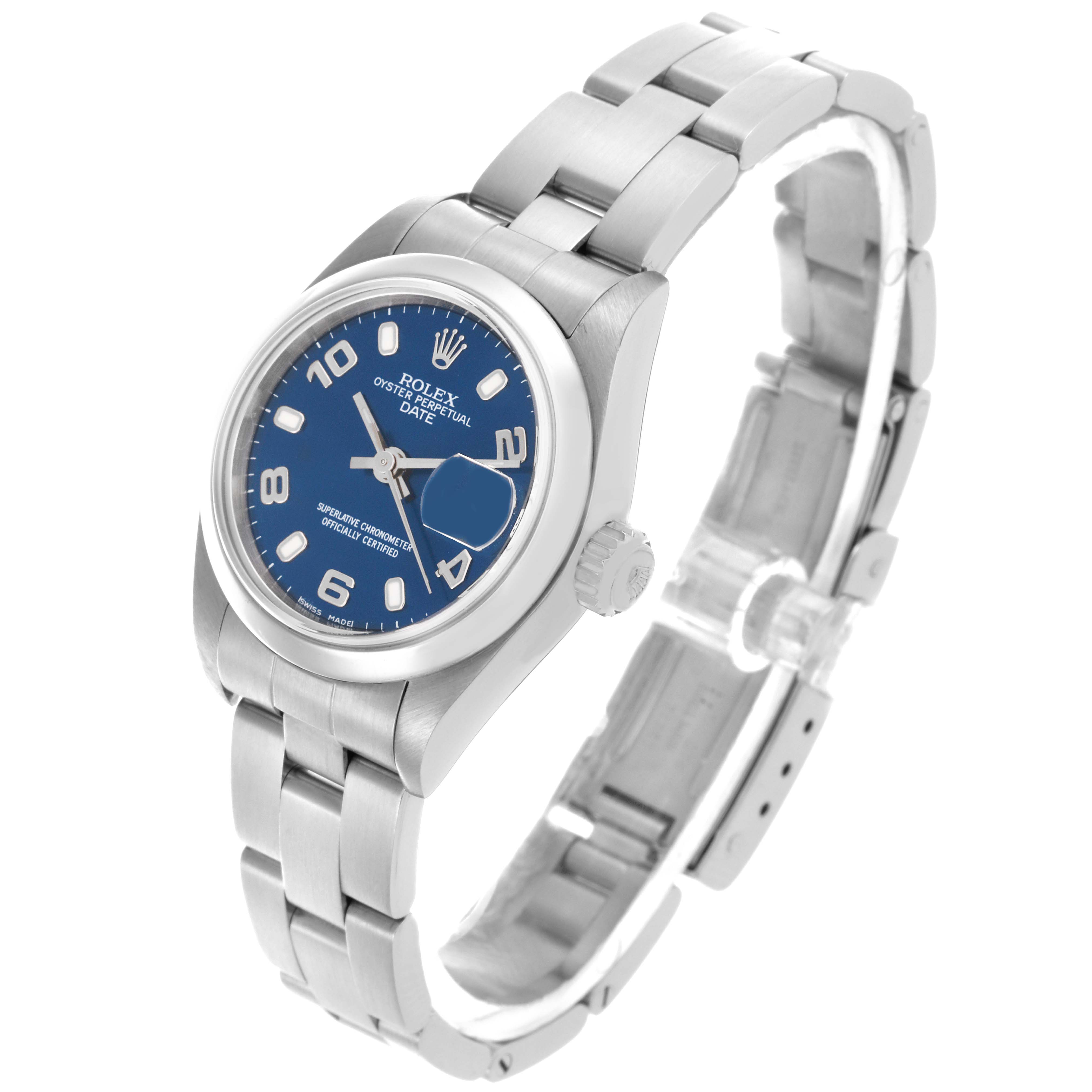 The Rolex Date 79160 Women's Stainless Steel Blue Dial 79160 Women's Stainless Steel Blue Dial watch is shown at a slightly tilted angle, highlighting the face, bezel, crown, and bracelet.