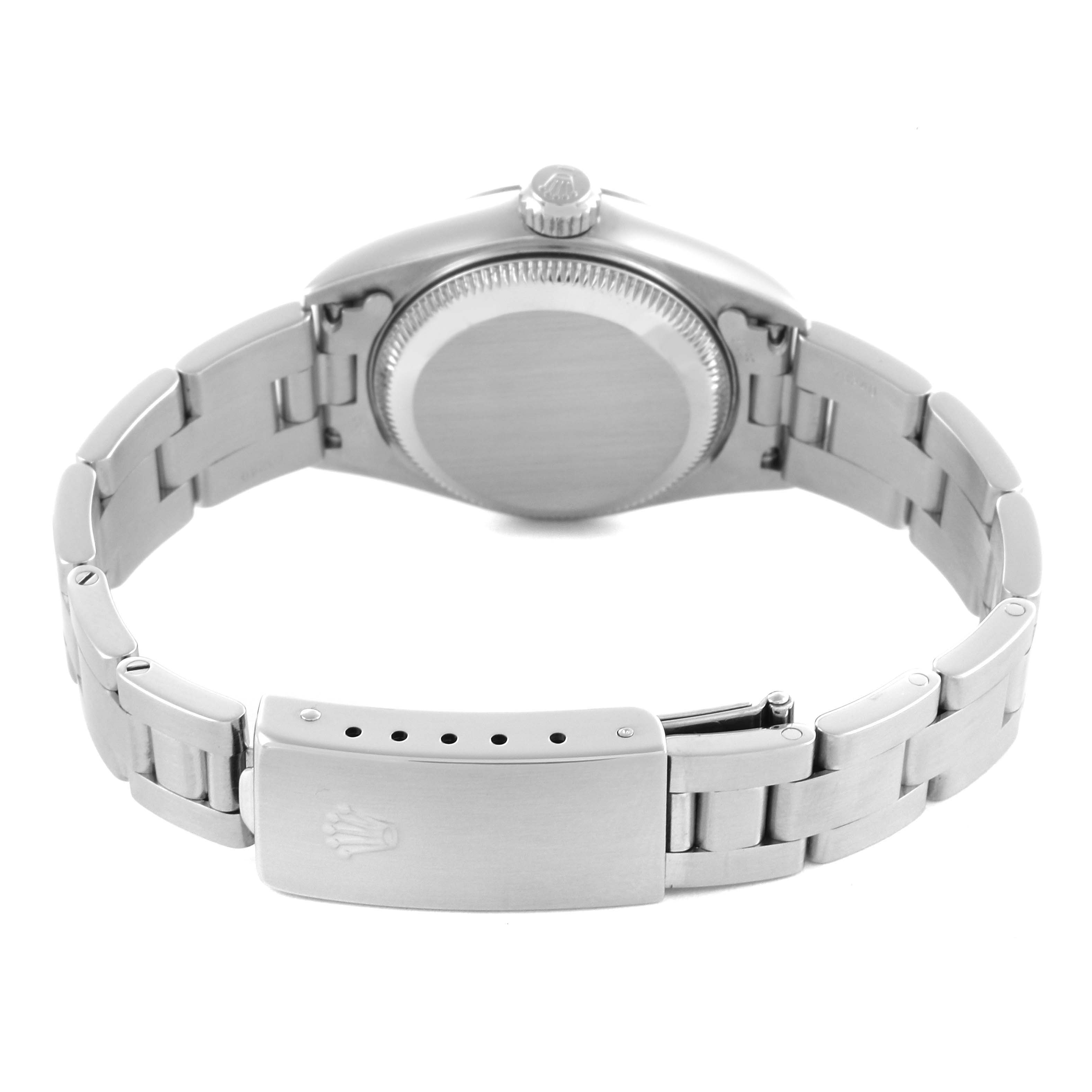 The image shows the back view of a Rolex Date 79160 Women's Stainless Steel Blue Dial 79160 Women's Stainless Steel Blue Dial model, highlighting the case back, bracelet, and clasp.