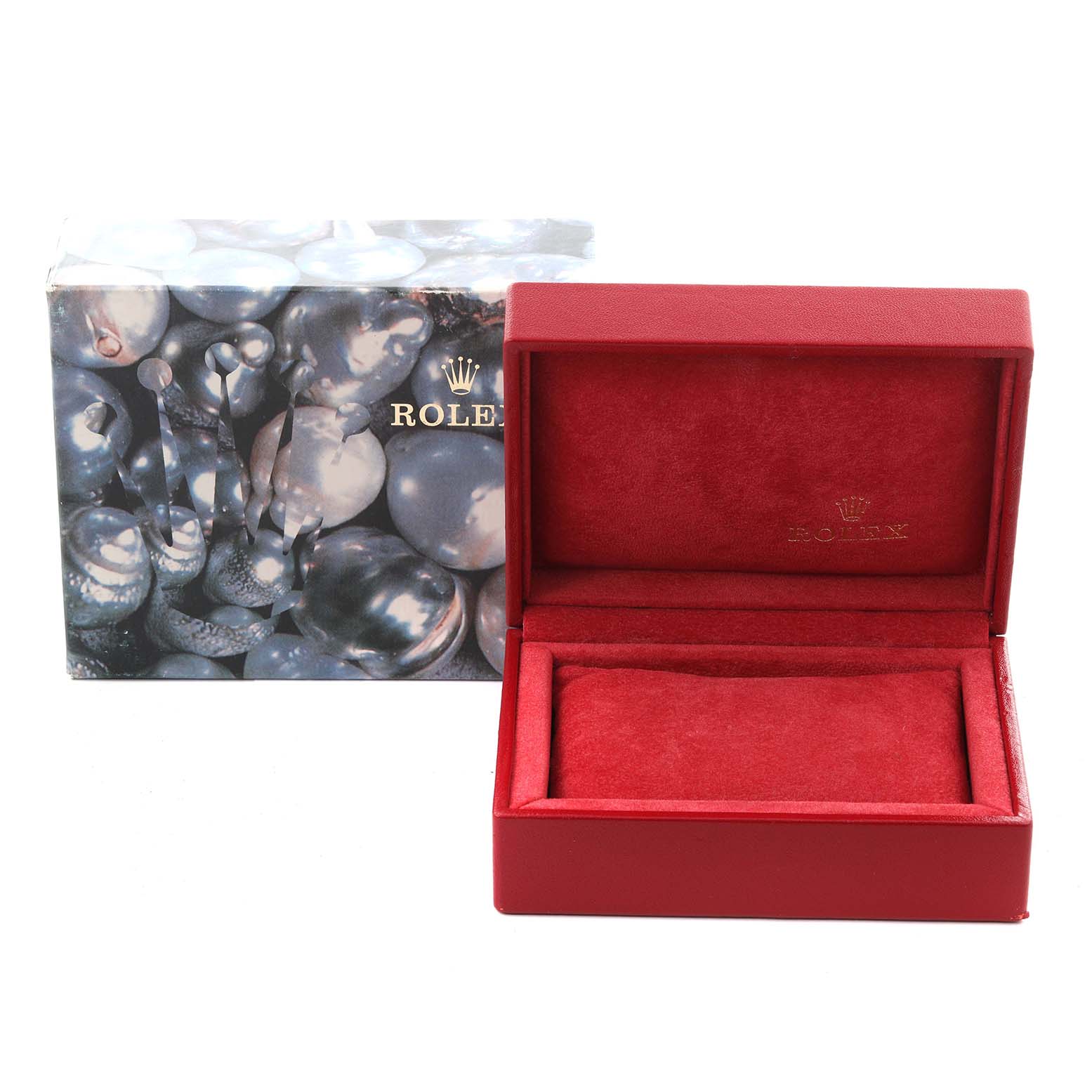 The image shows a Rolex Date 79160 Women's Stainless Steel Blue Dial 79160 Women's Stainless Steel Blue Dial watch box in red, open to reveal a plush interior, with the outer box beside it.